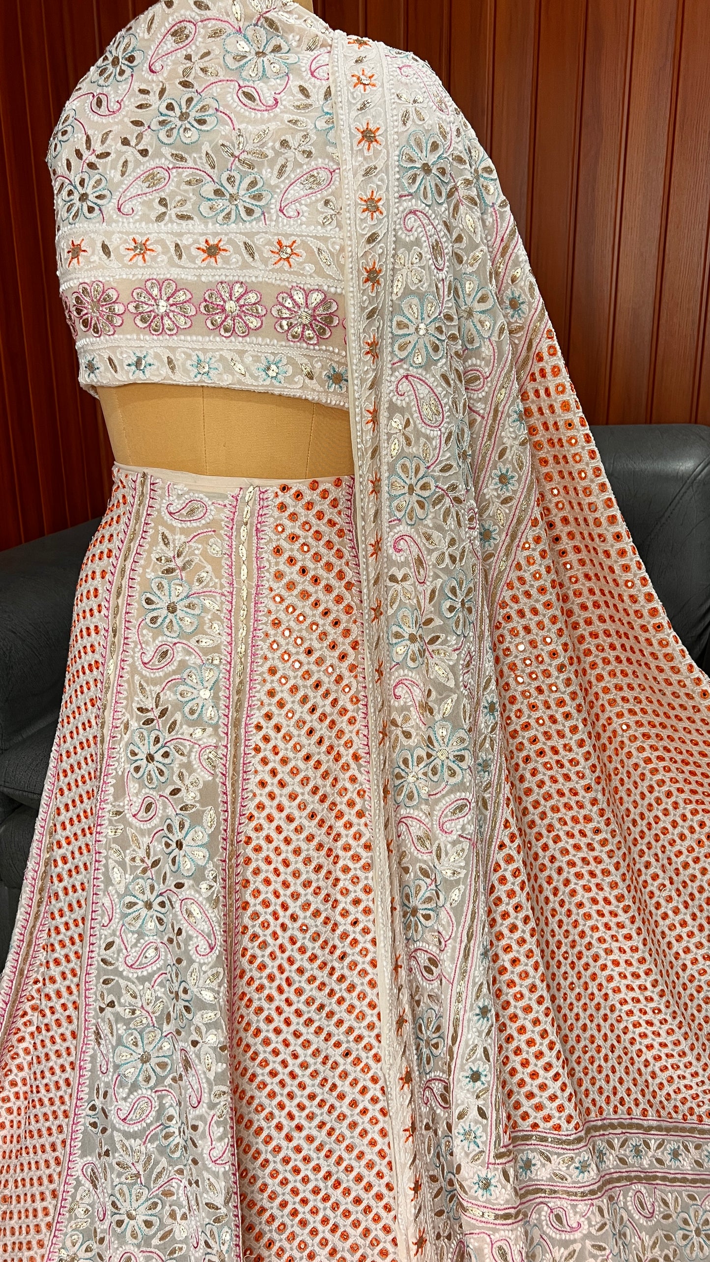 Ruhani Ivory Chikankari Mirror Gota and Multicolored Thread Work Wedding Lehenga