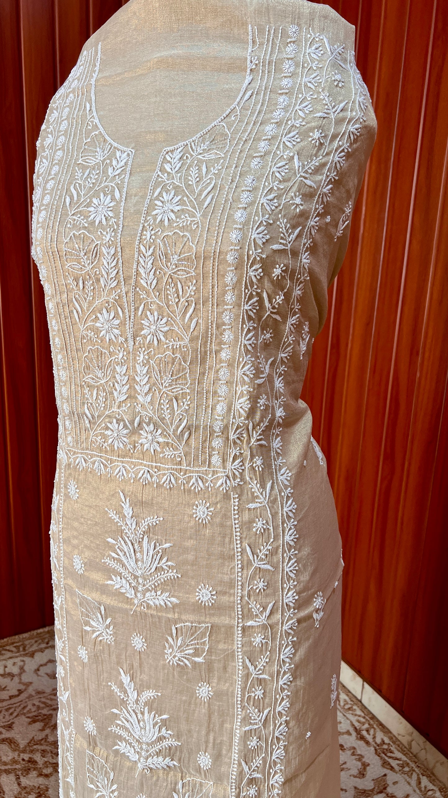 Tissue chanderi silk Chikankari and pearl embroidered kurta and dupatta