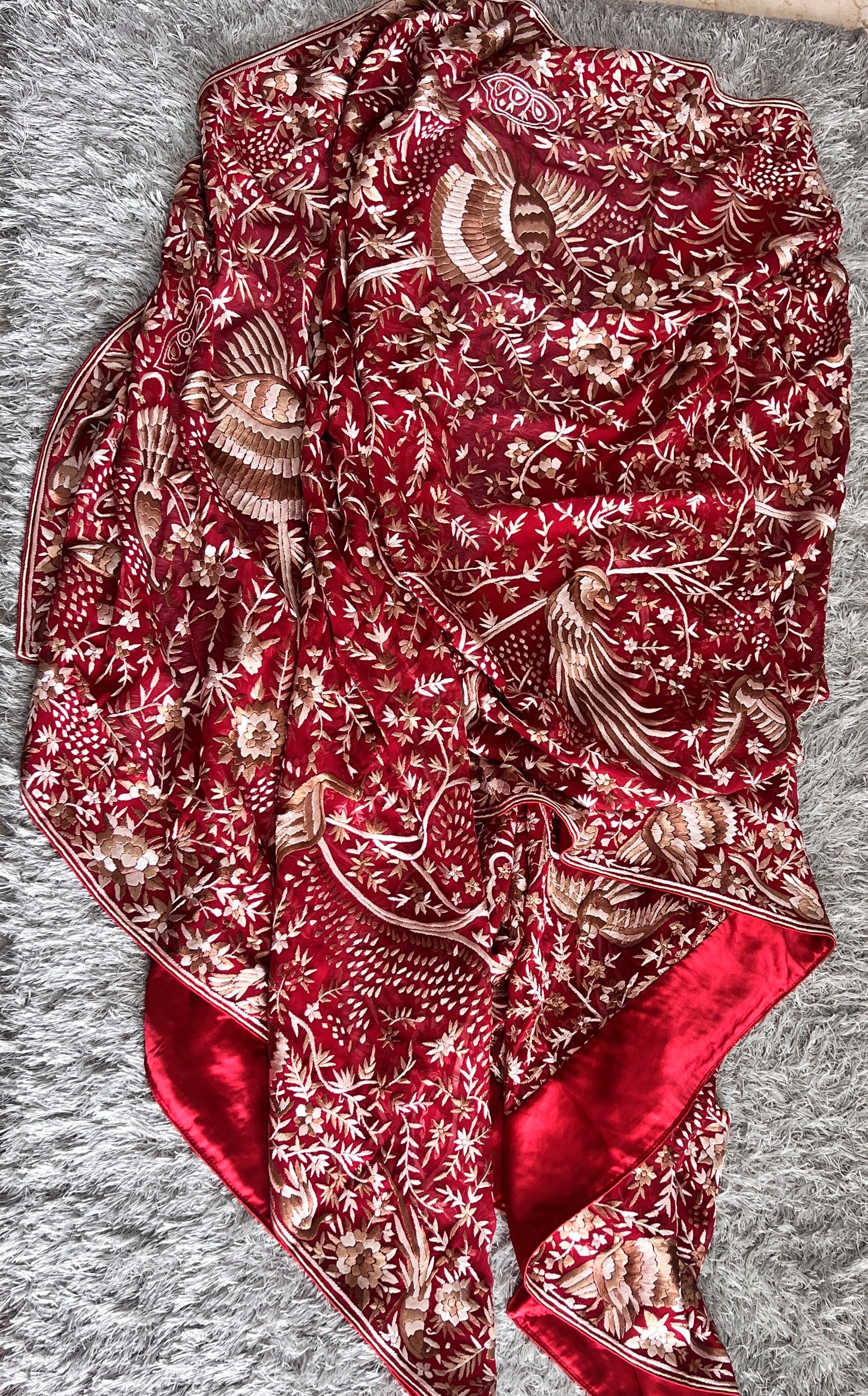 Deep Red Heritage Parsi Gara Dupatta Hand Embroidered