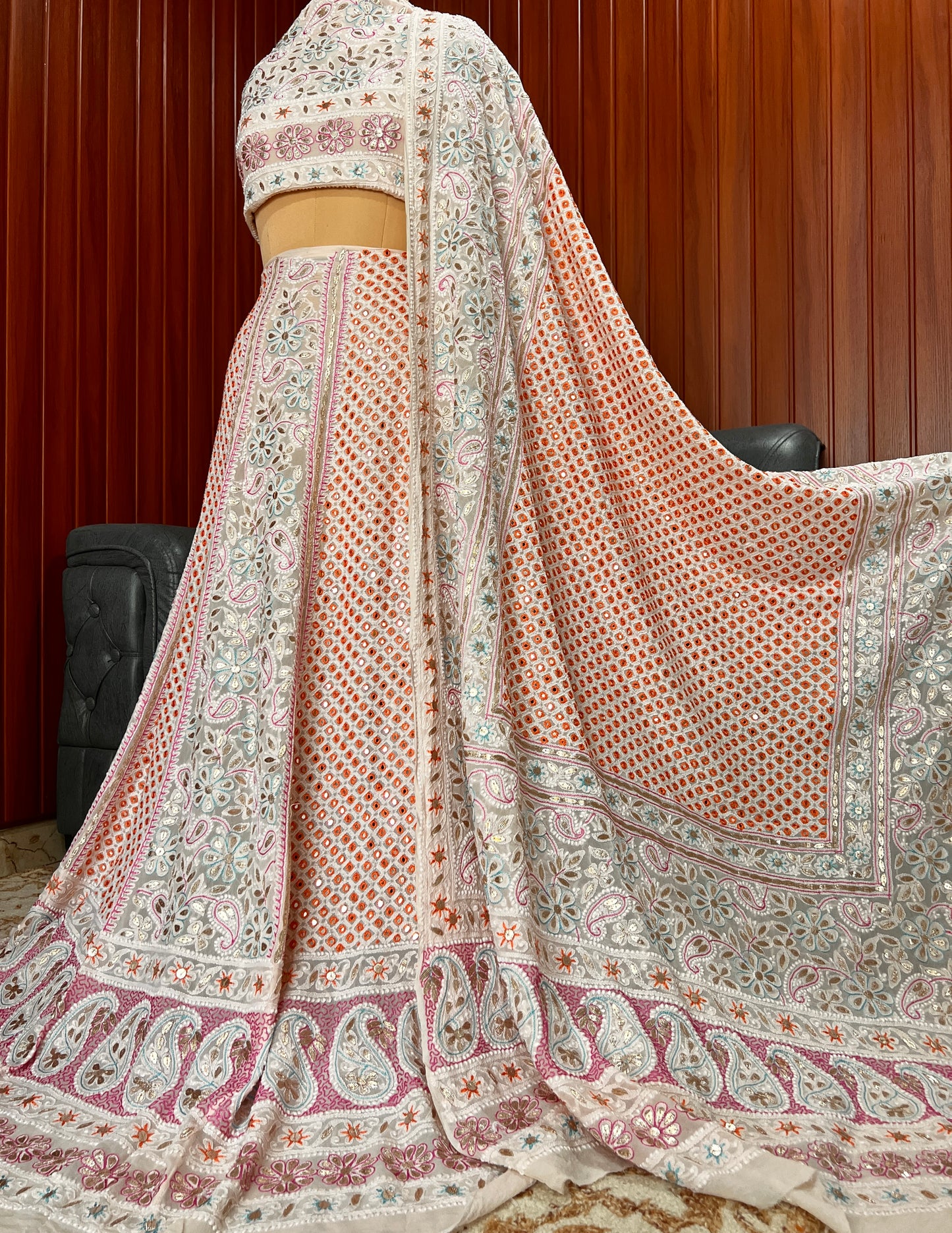 Ruhani Ivory Chikankari Mirror Gota and Multicolored Thread Work Wedding Lehenga