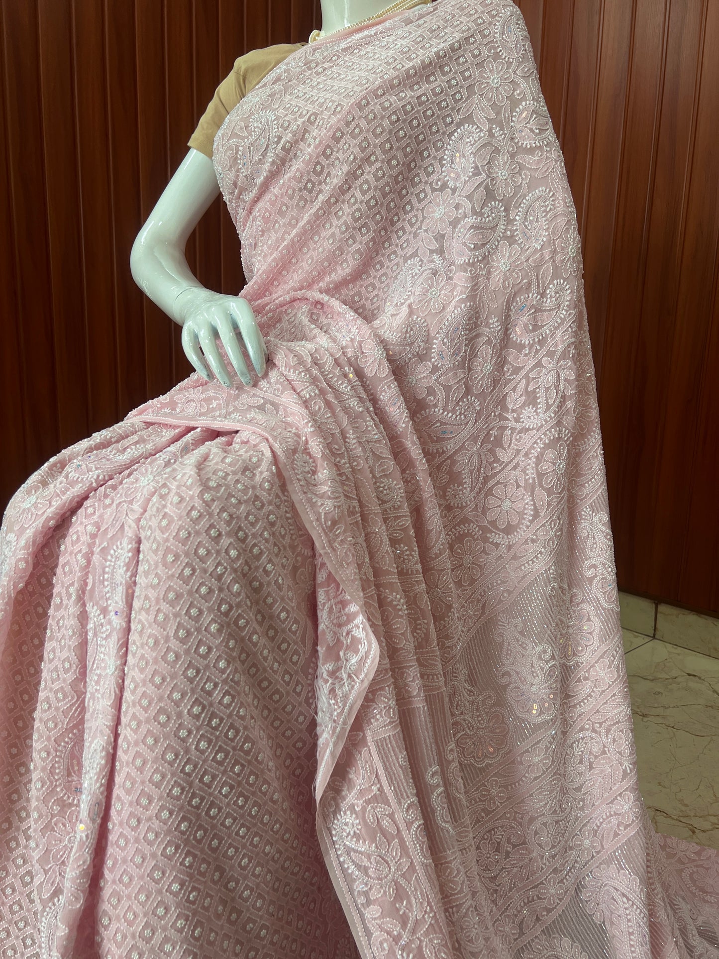 Ruhani Pink Chikankari and Pearl work Saree