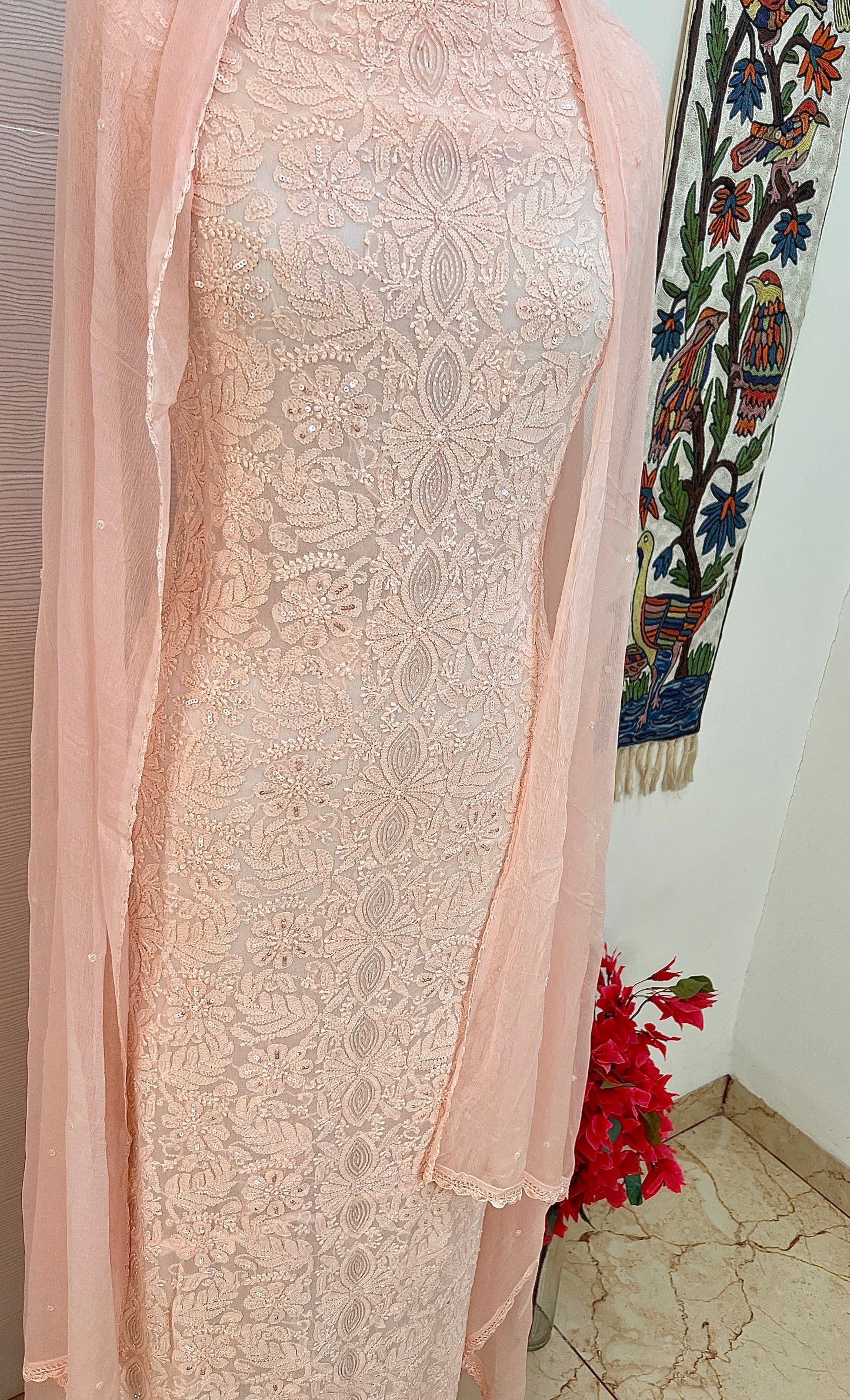 Pretty Peach Chikankari Sequins and Cut Dana Kurta and Dupatta