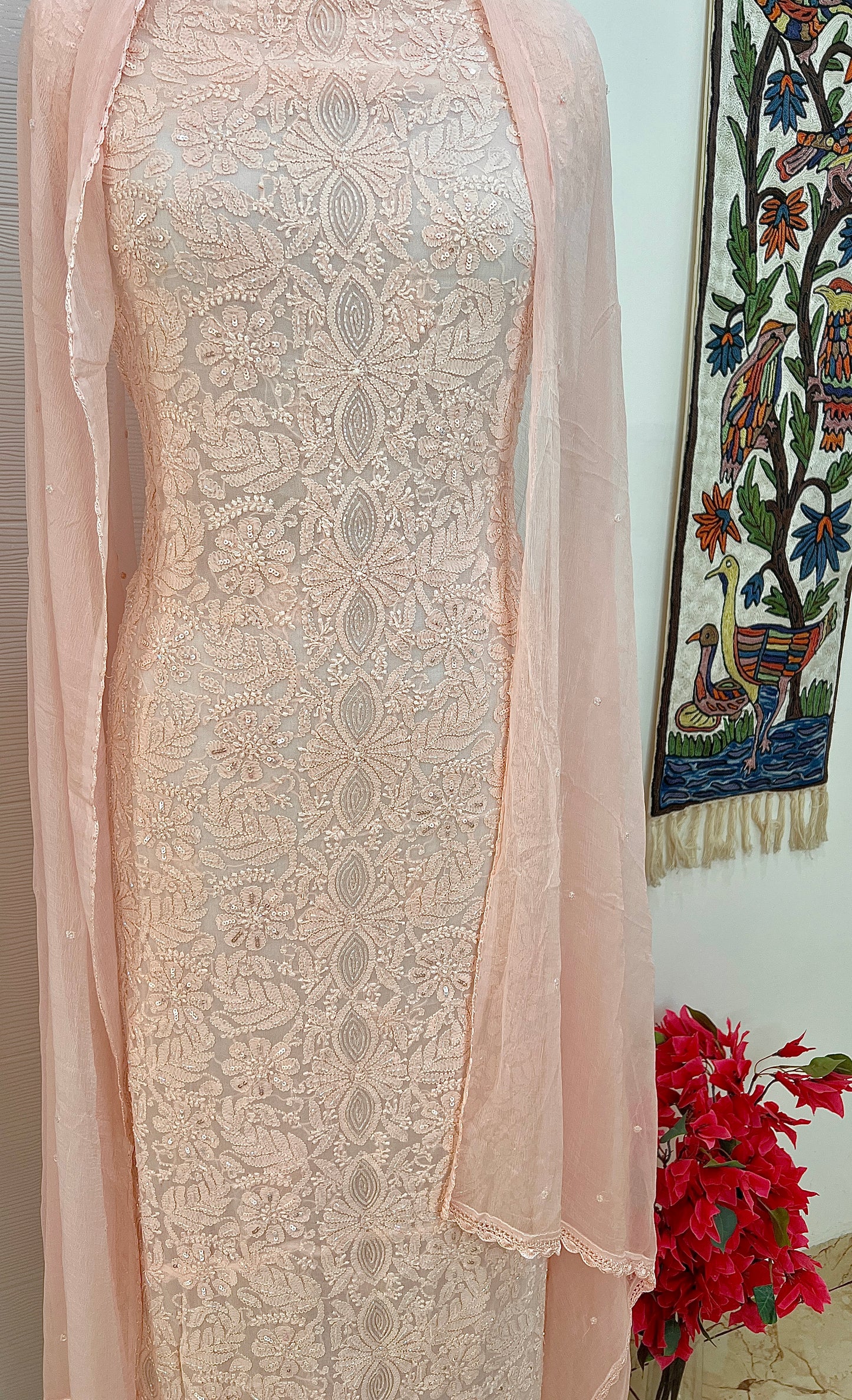 Pretty Peach Chikankari Sequins and Cut Dana Kurta and Dupatta