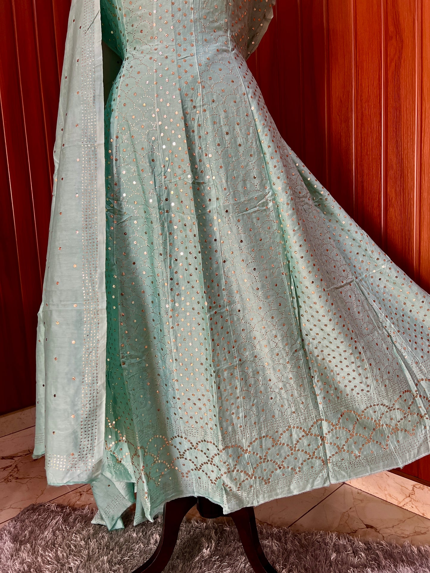 Sage Green Allover Heavy Mukaish Chanderi Silk Anarkali with Dupatta