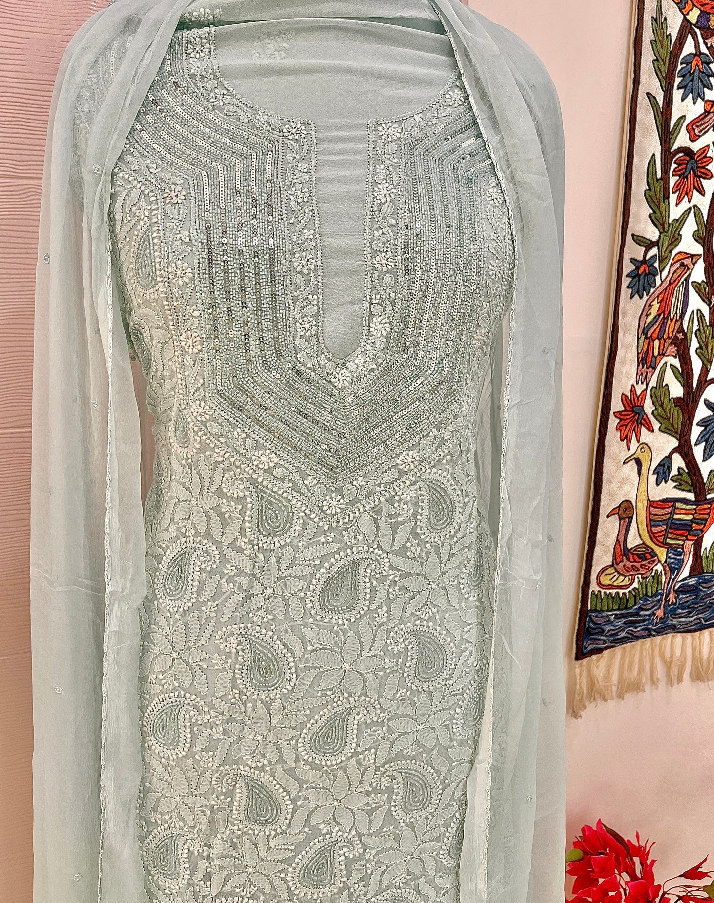 Powder Blue Chikankari Sequins and Cut Dana Kurta and Dupatta