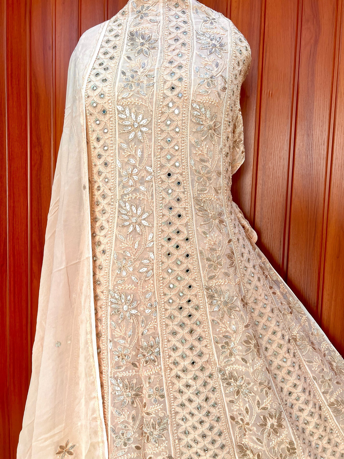 Golden Beige Chikankari Mirror Gota Patti Anarkali with Dupattae