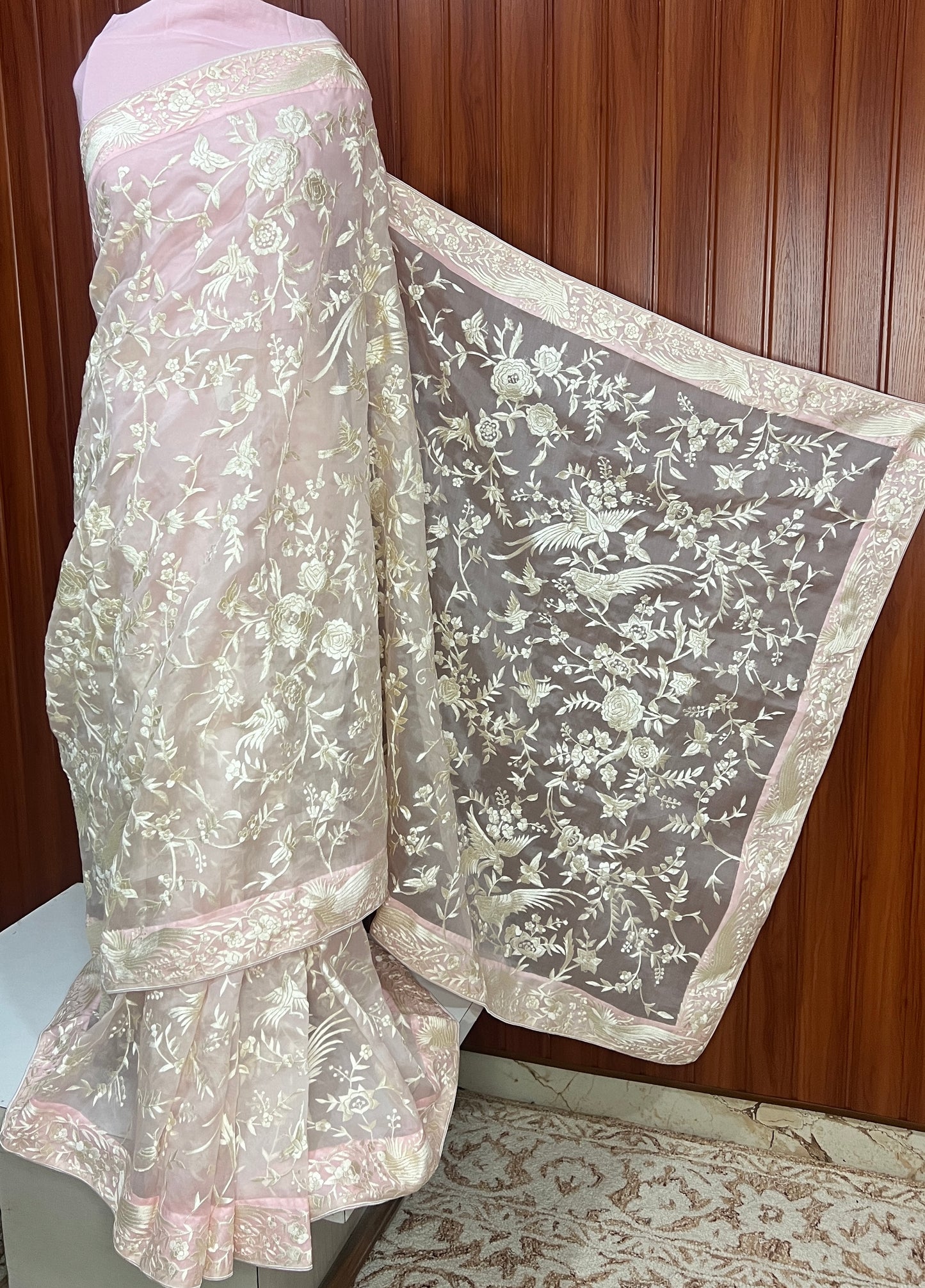 Light Pink Masterpiece Parsi Gara Hand Embroidered Pure Organza Saree