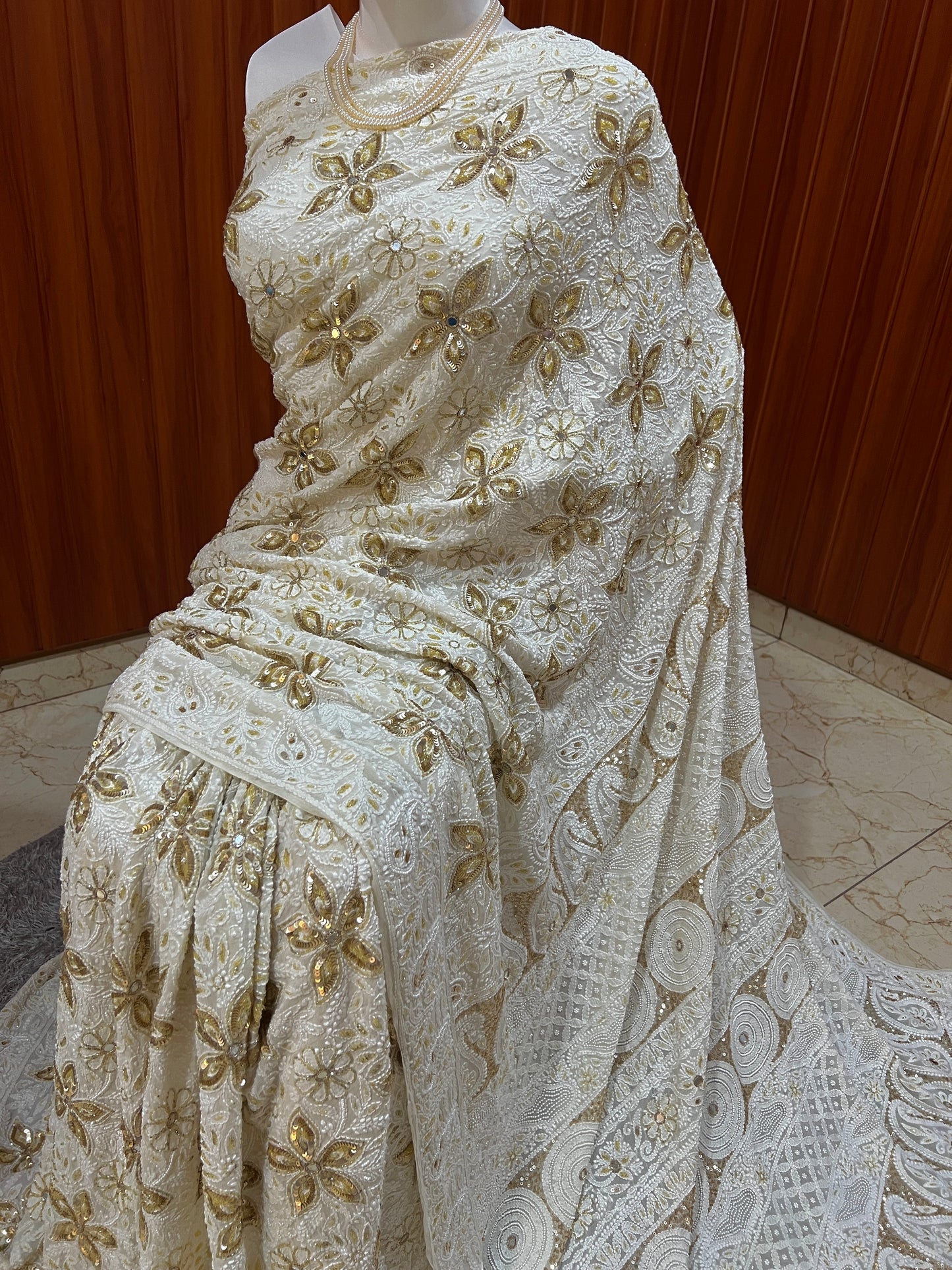 Ruhani Off White Chikankari Sequins Cut Dana and Pearl Embroidered Masterpiece Saree