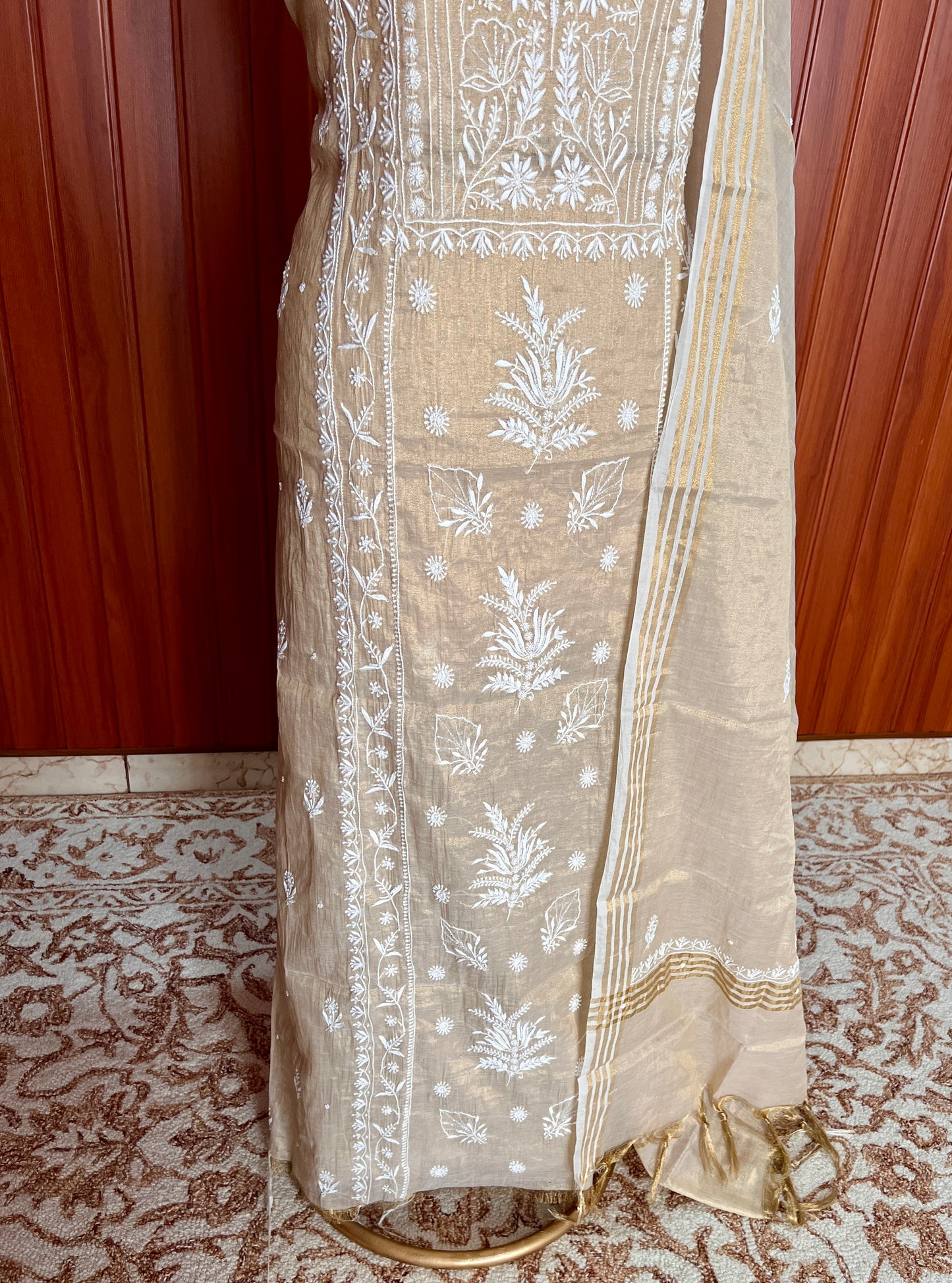 Tissue chanderi silk Chikankari and pearl embroidered kurta and dupatta