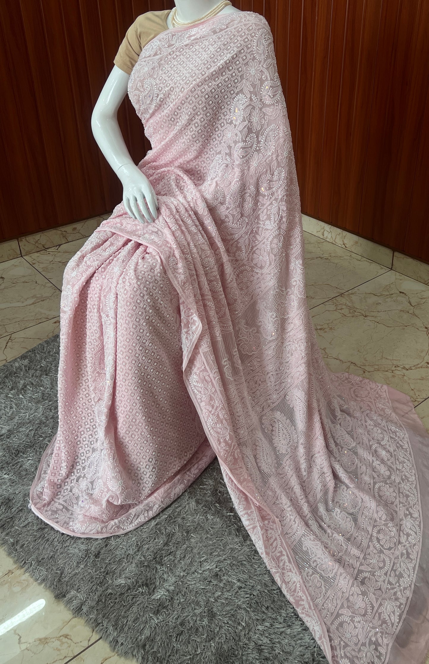 Ruhani Pink Chikankari and Pearl work Saree