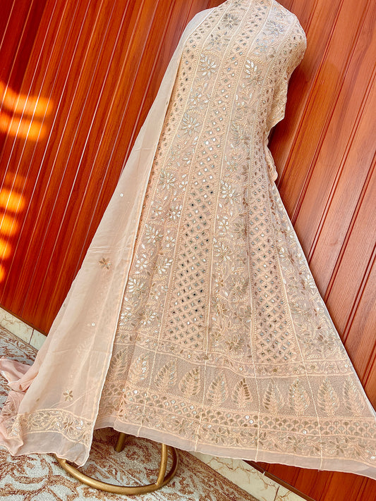 Golden Beige Chikankari Mirror Gota Patti Anarkali with Dupattae