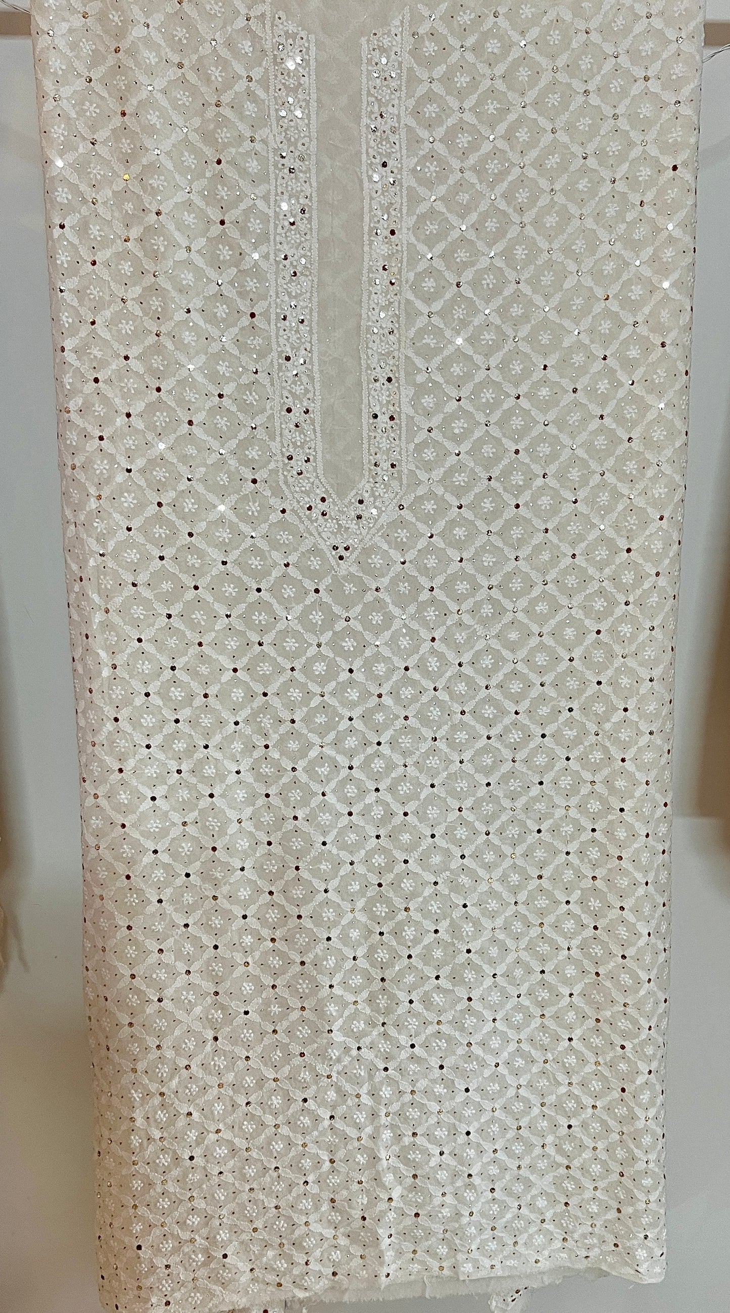 Ivory Pure Georgette Allover Chikankari and Mukaish Men's Kurta Fabric