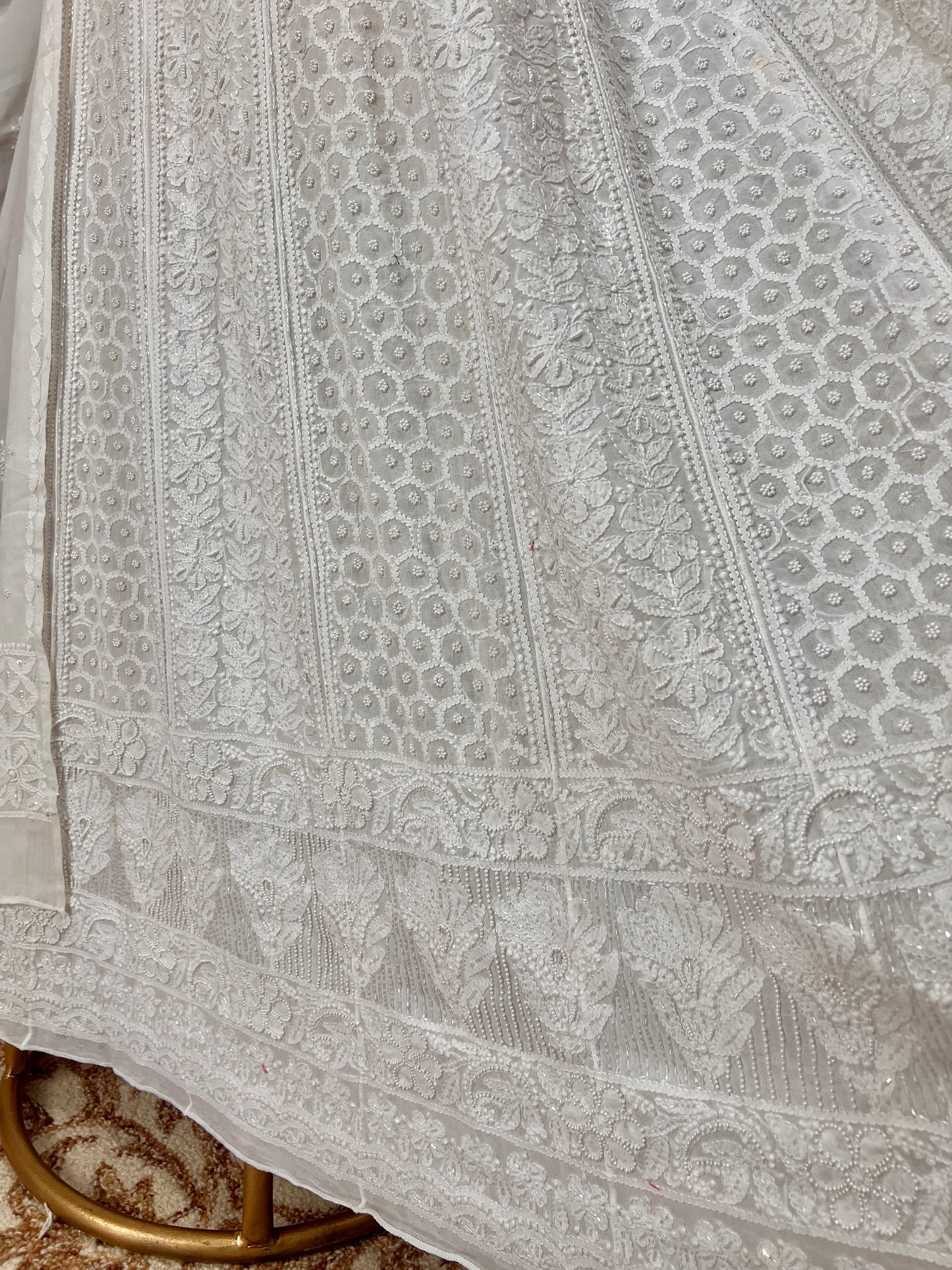 White Chikankari Pearl Cut Dana Anarkali with Dupatta