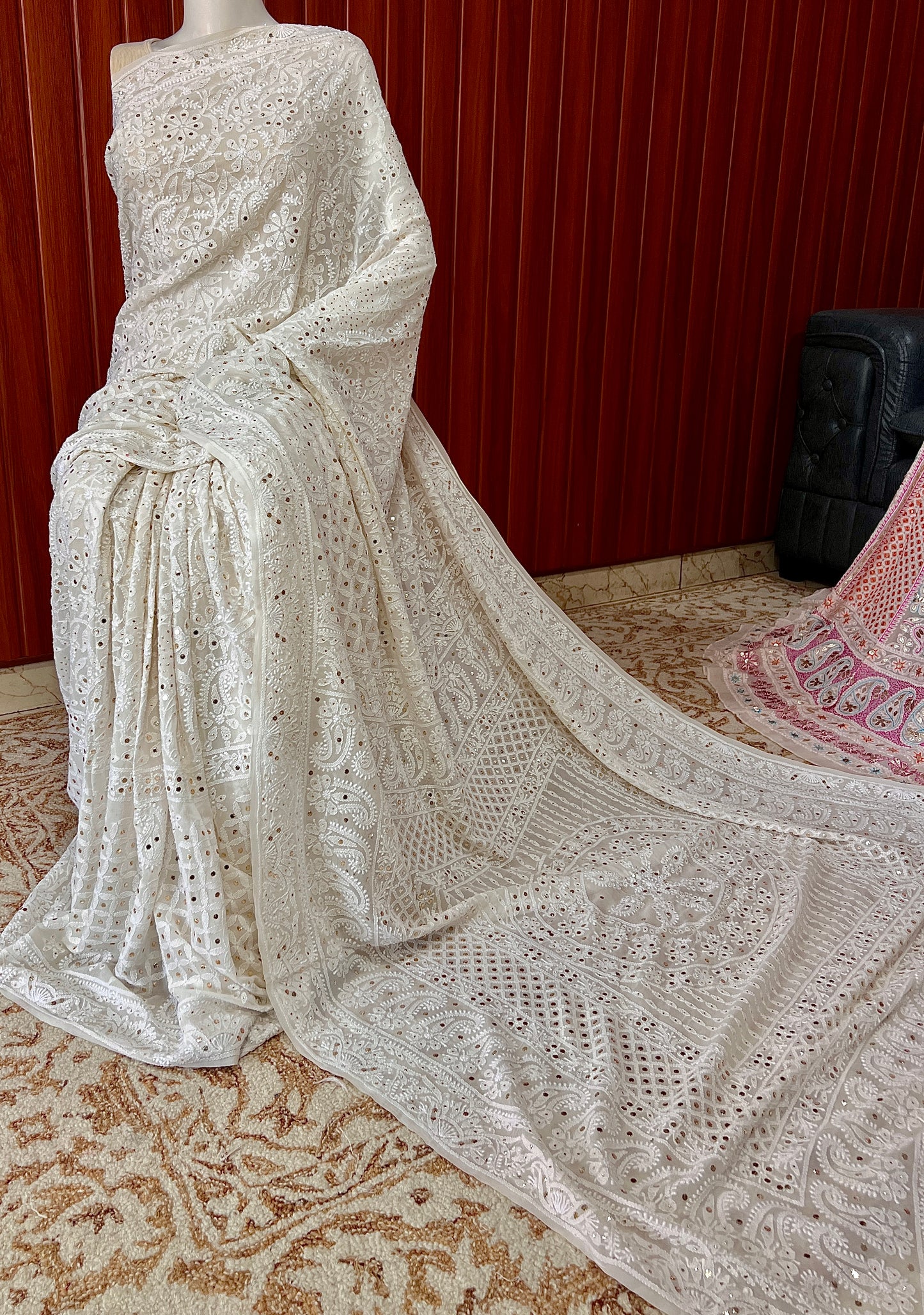 Ivory Ruhani Allover Chikankari and Mukaish Saree