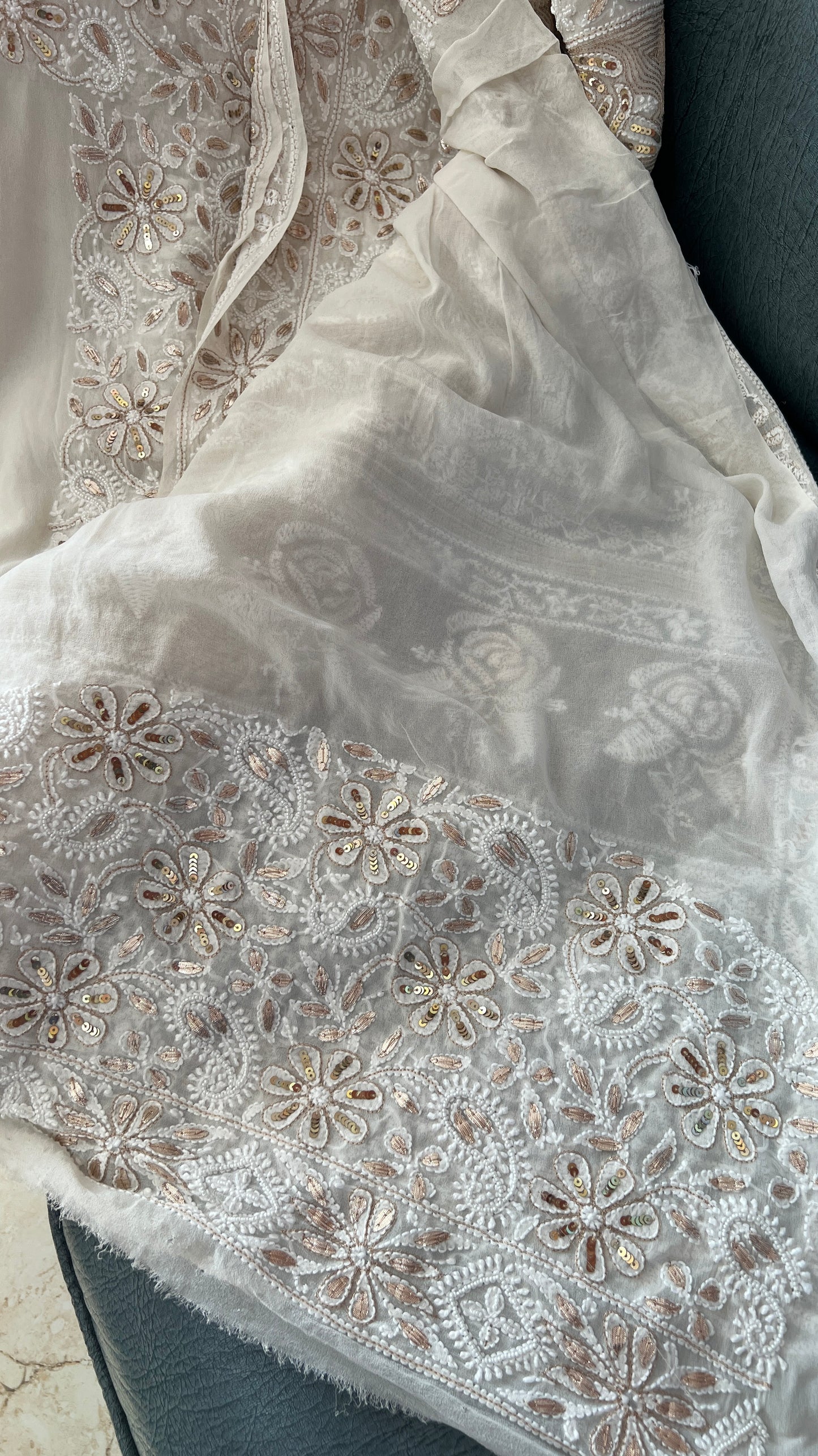 Ruhani Ivory Chikankari Saree with Gota Patti Sequins Pearl and Aari Embroidery