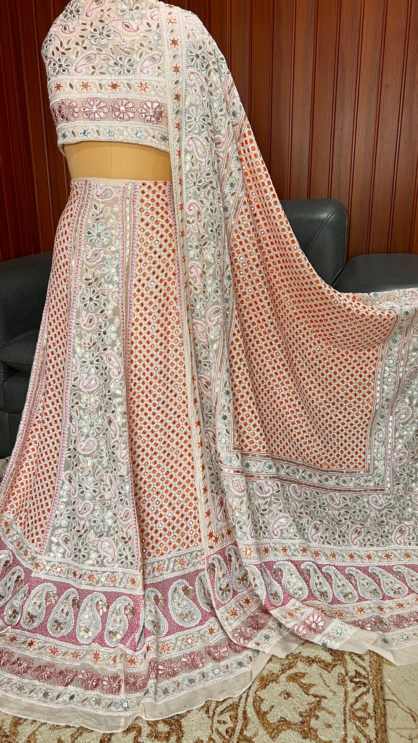 Ruhani Ivory Chikankari Mirror Gota and Multicolored Thread Work Wedding Lehenga