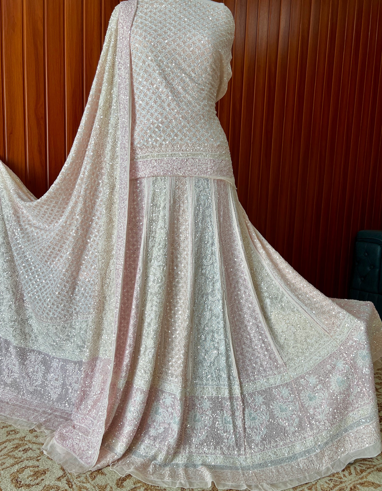 Ruhani Chikankari Lehenga with Multicolored Cut Dana and sequins Work