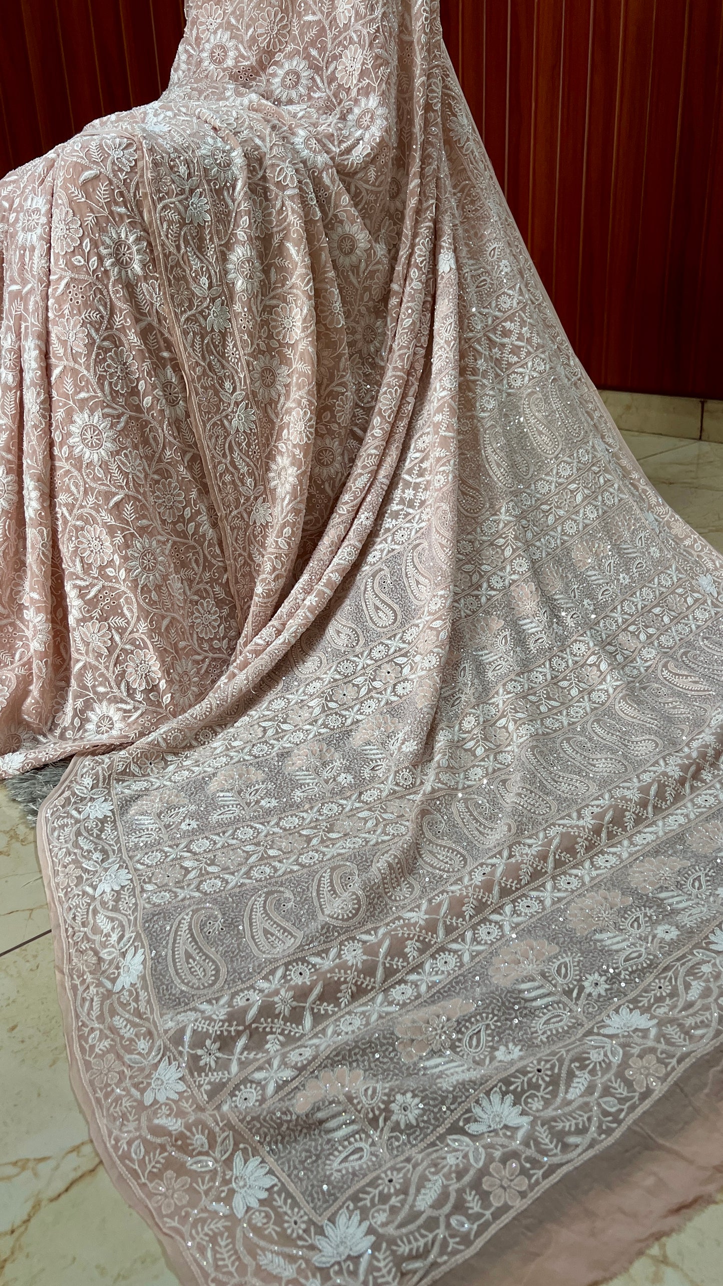 Ruhani Old Rose Pink 2 and 3 taar Chikankari Masterpiece Saree