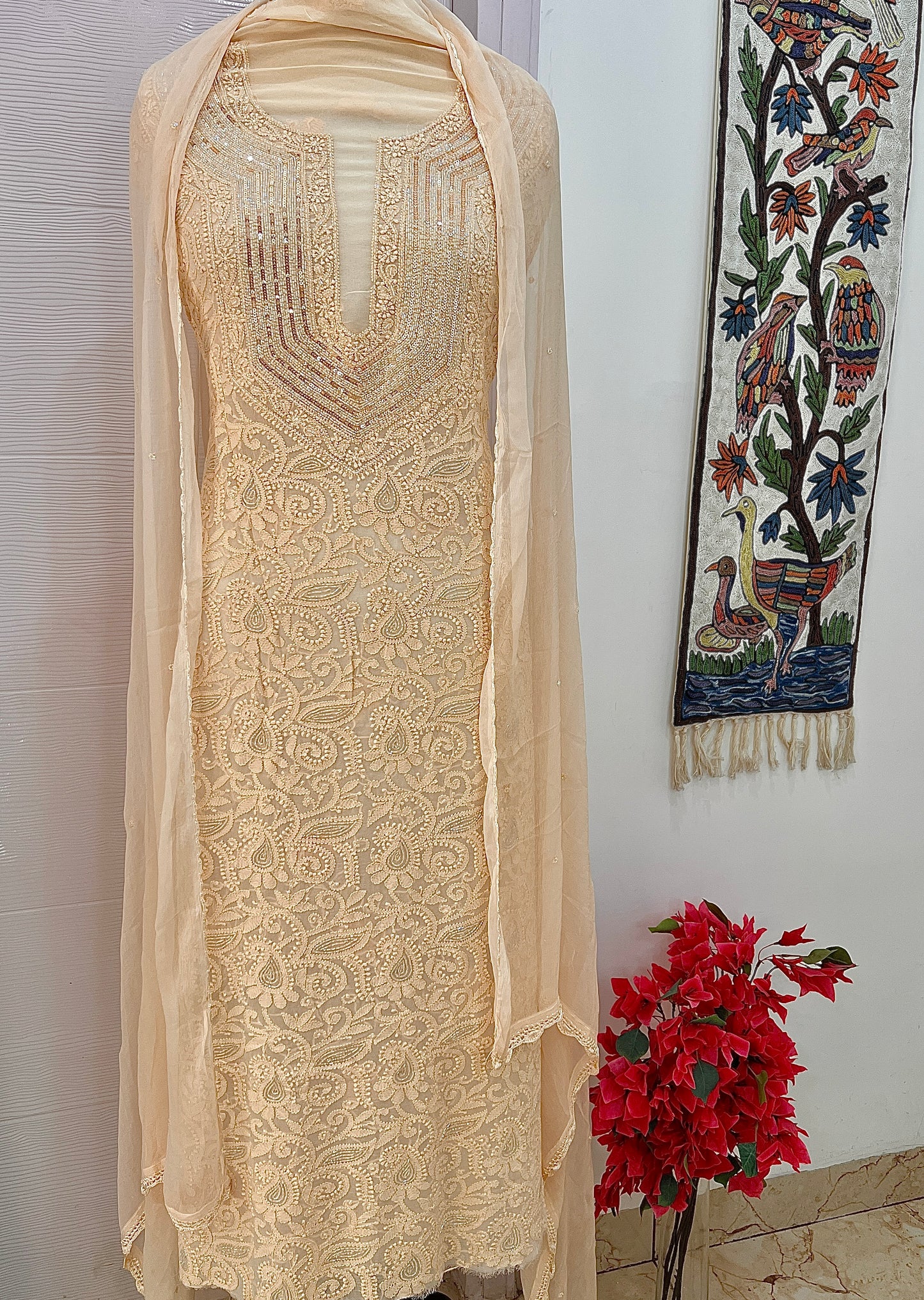 Golden Beige Chikankari Sequins and Cut Dana Kurta and Dupatta