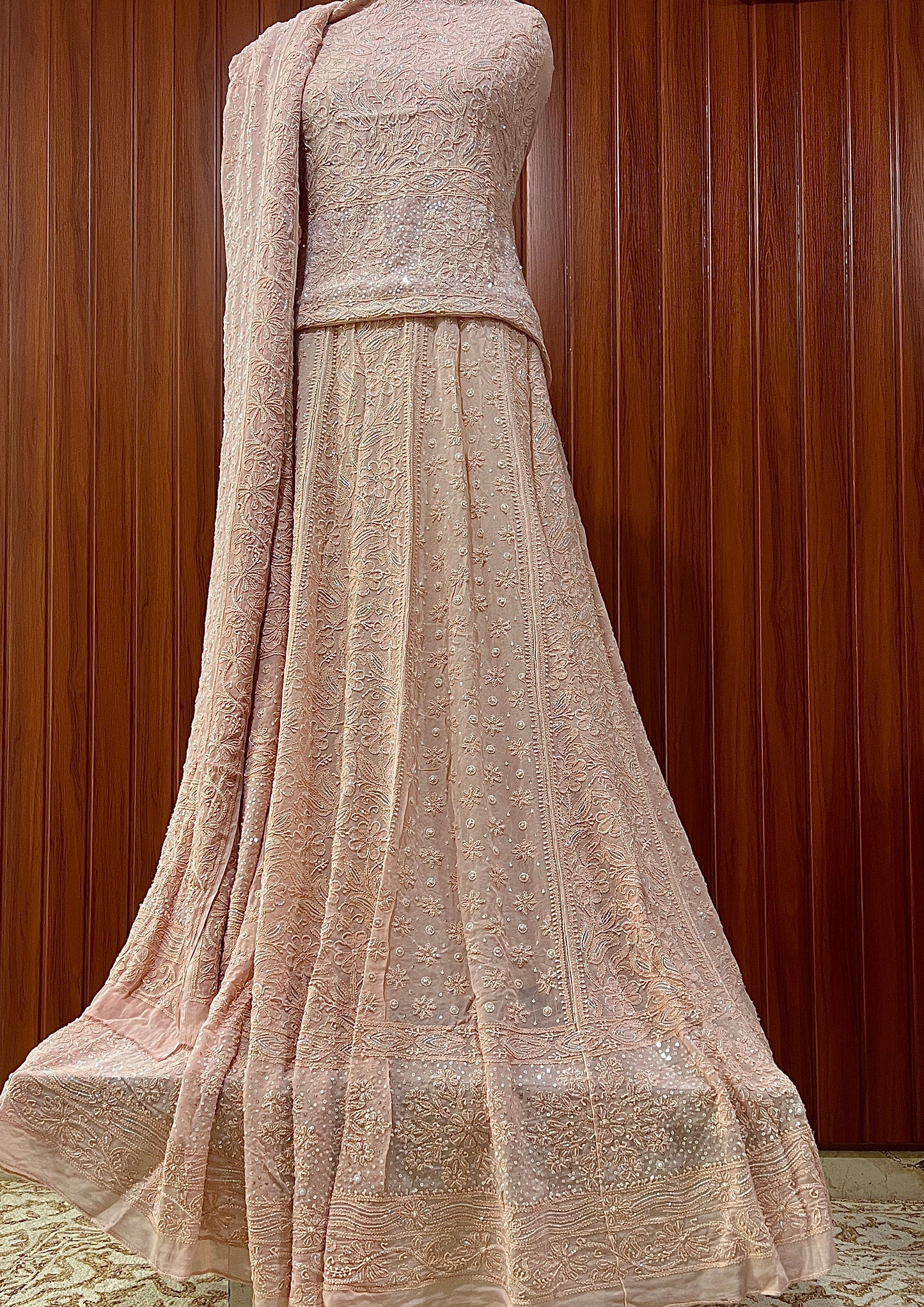 Ruhani Old Rose Chikankari Cut Dana Pearl Sequins Lehenga