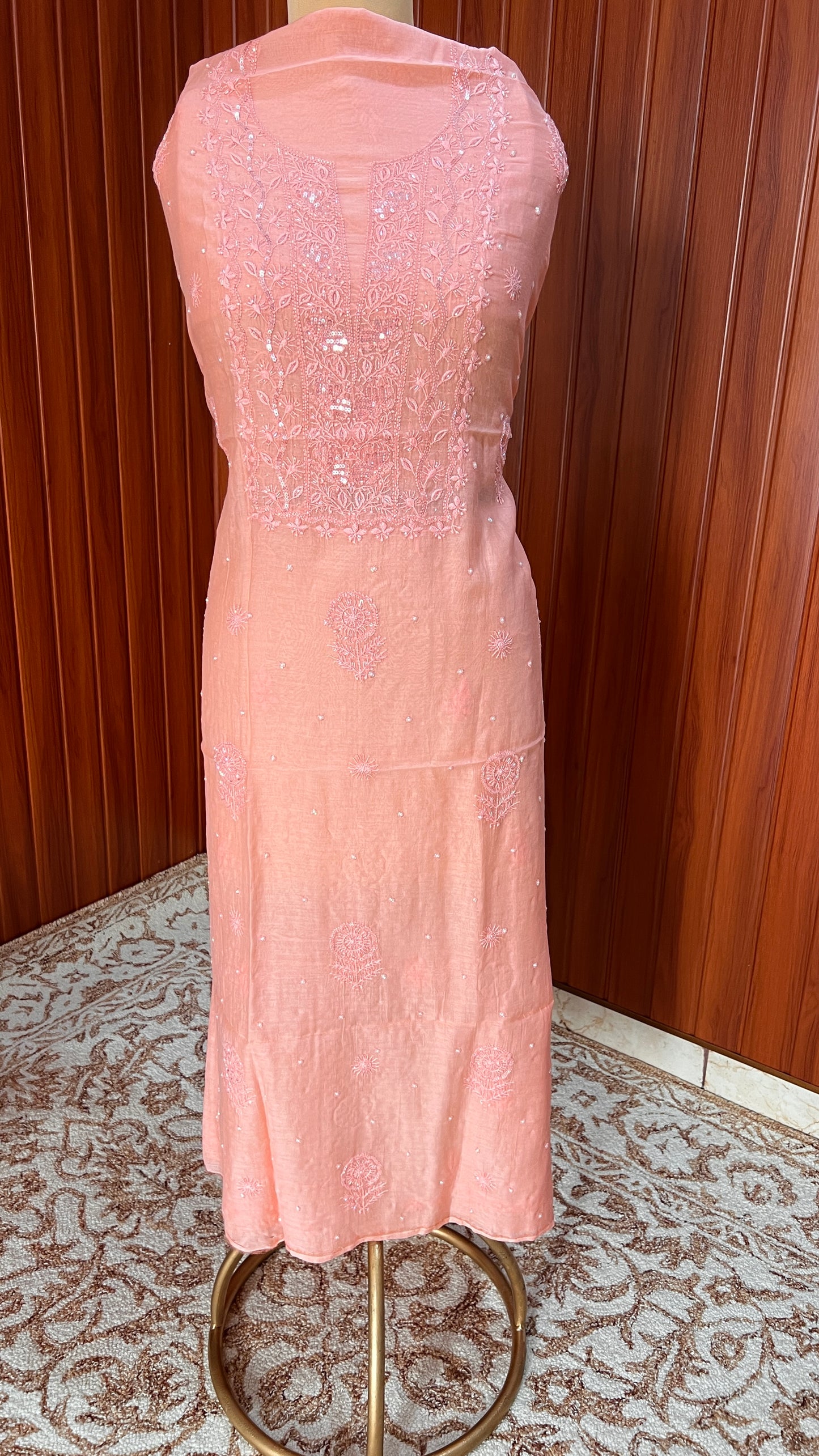 Coral Peach Mul chanderi Chikankari embroidered kurta and dupatta