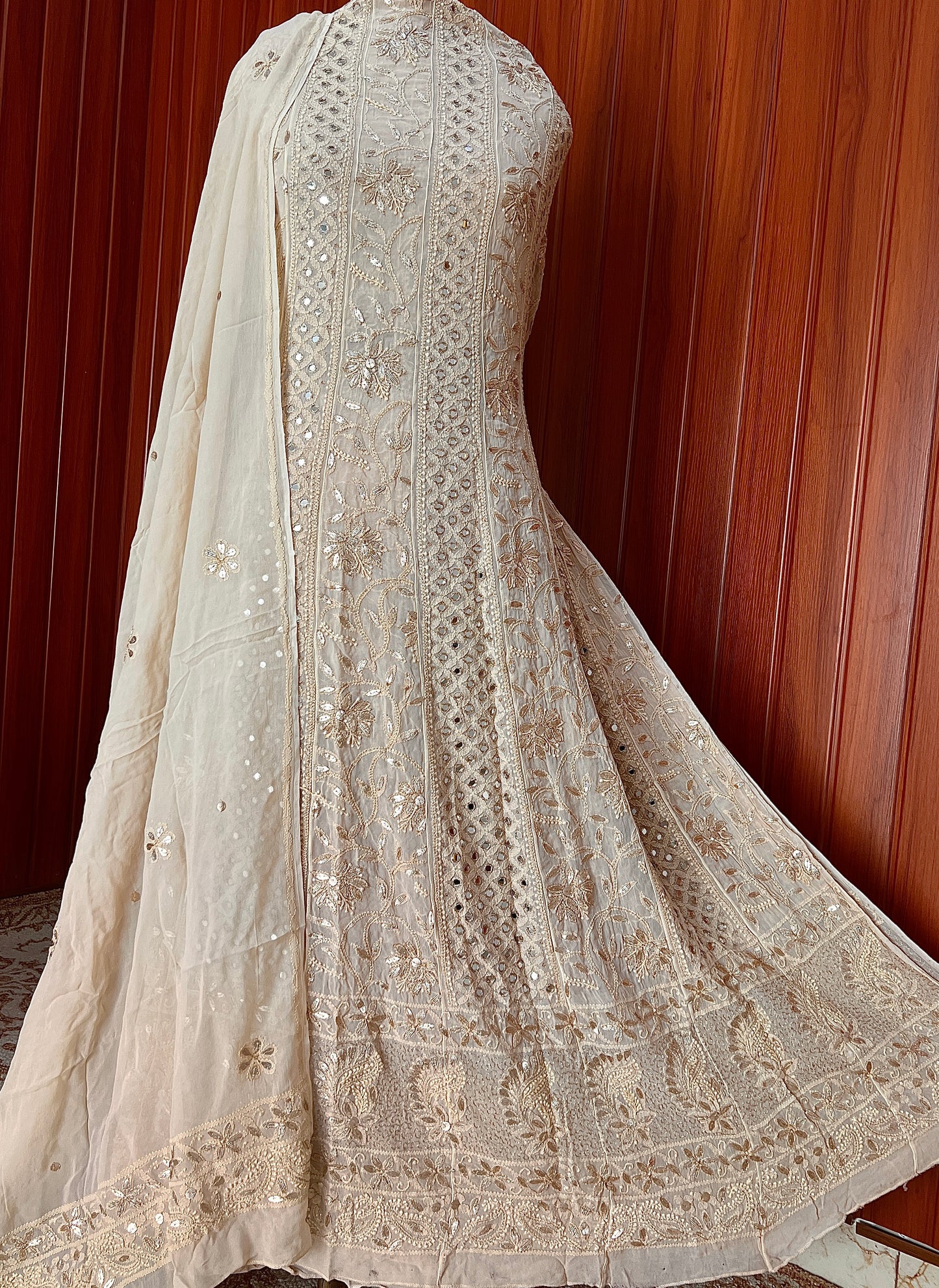 Champagne Chikankari Mirror Gota Patti Anarkali with Dupatta