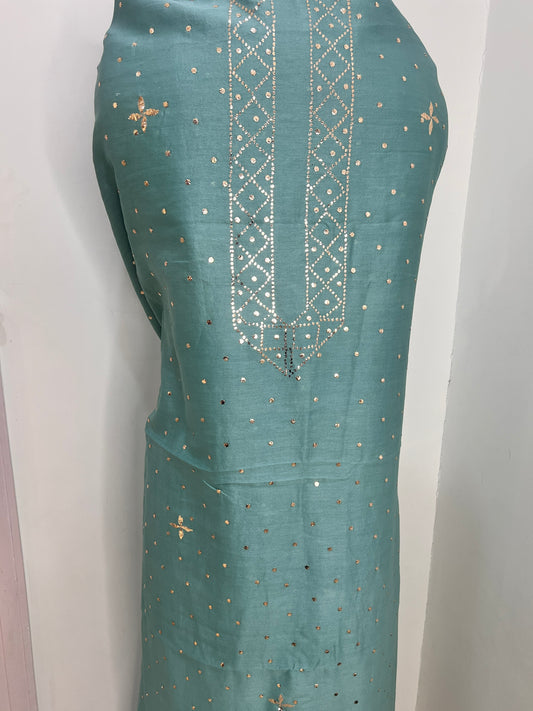 Sage Chanderi Silk Kurta Fabric with Allover Mukaish work