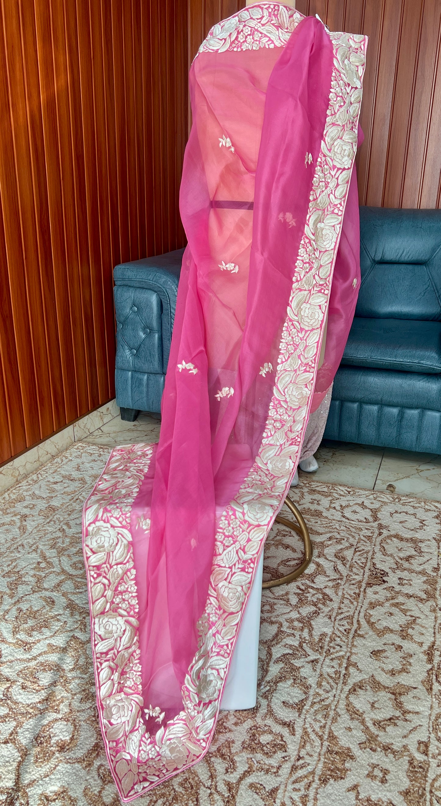 Rose Pink Organza Dupatta with Parsi Gara Hand Embroidery