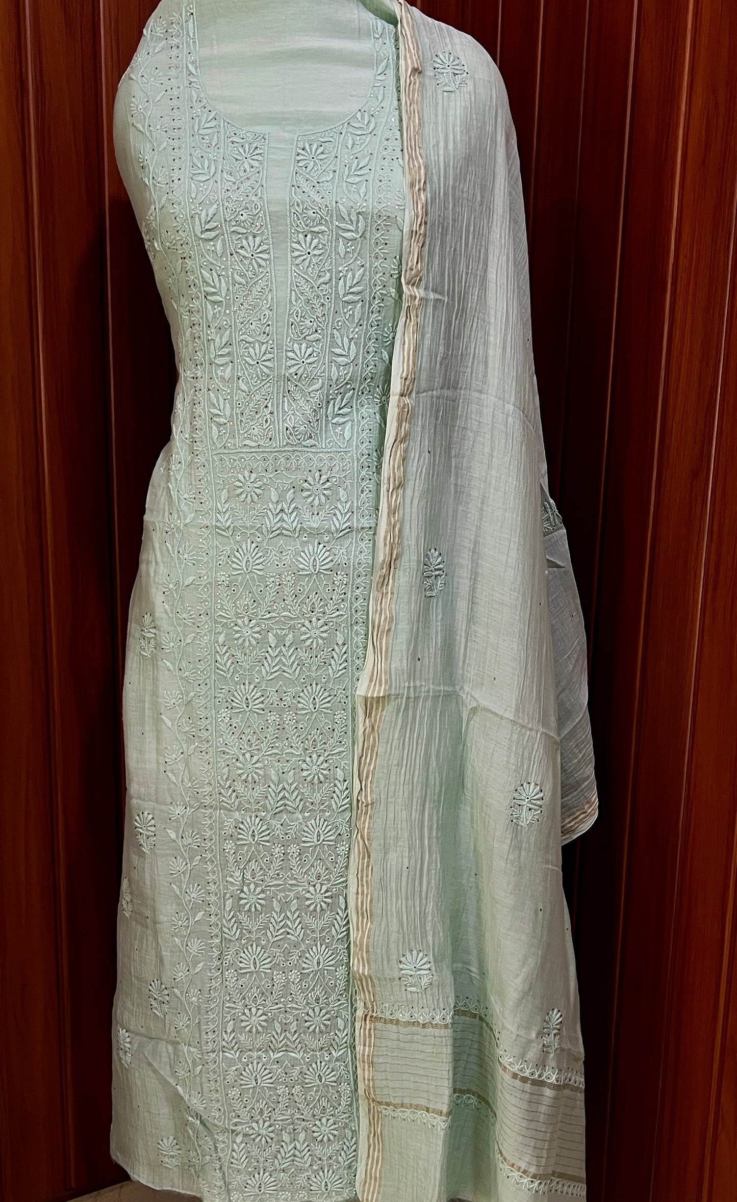 Pastel green Mulmul fine Chikankari kurta & dupatta set