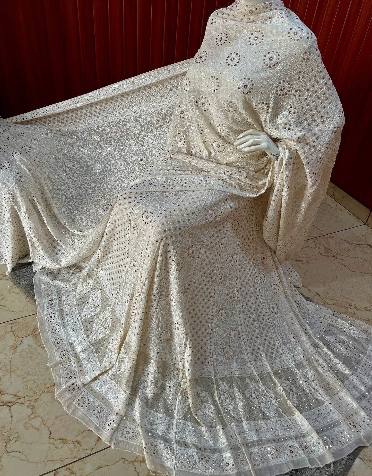 Off white Ruhani Chikankari and Mukaish Lehenga