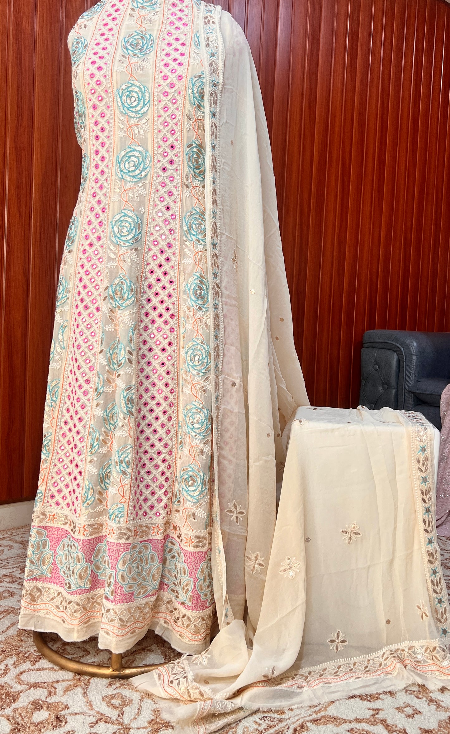 Ruhani Chikankari Mirror and Multicolored Embroidered Anarkali with Dupatta