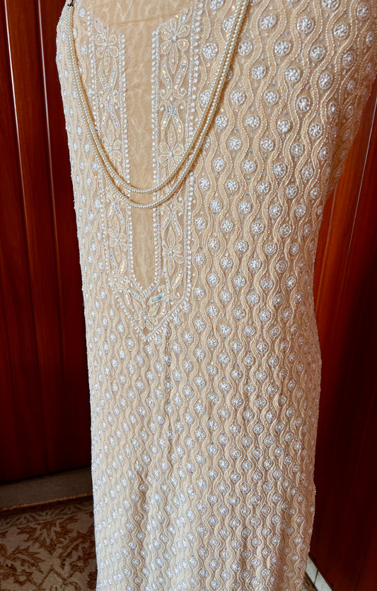 Golden Beige Pure Georgette Allover Chikankari and Cut dana sequins Men's Kurta Fabric