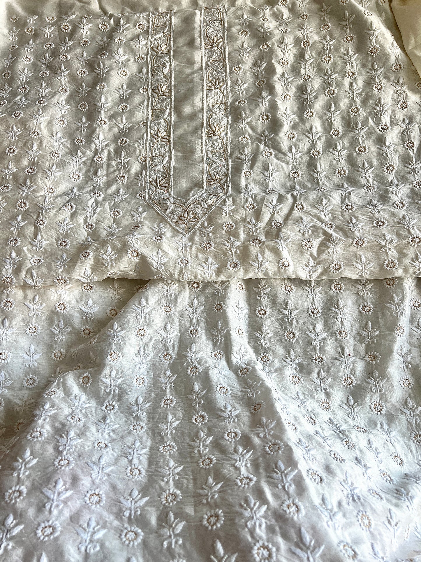 Ivory Chanderi Silk Chikankari Kurta Fabric