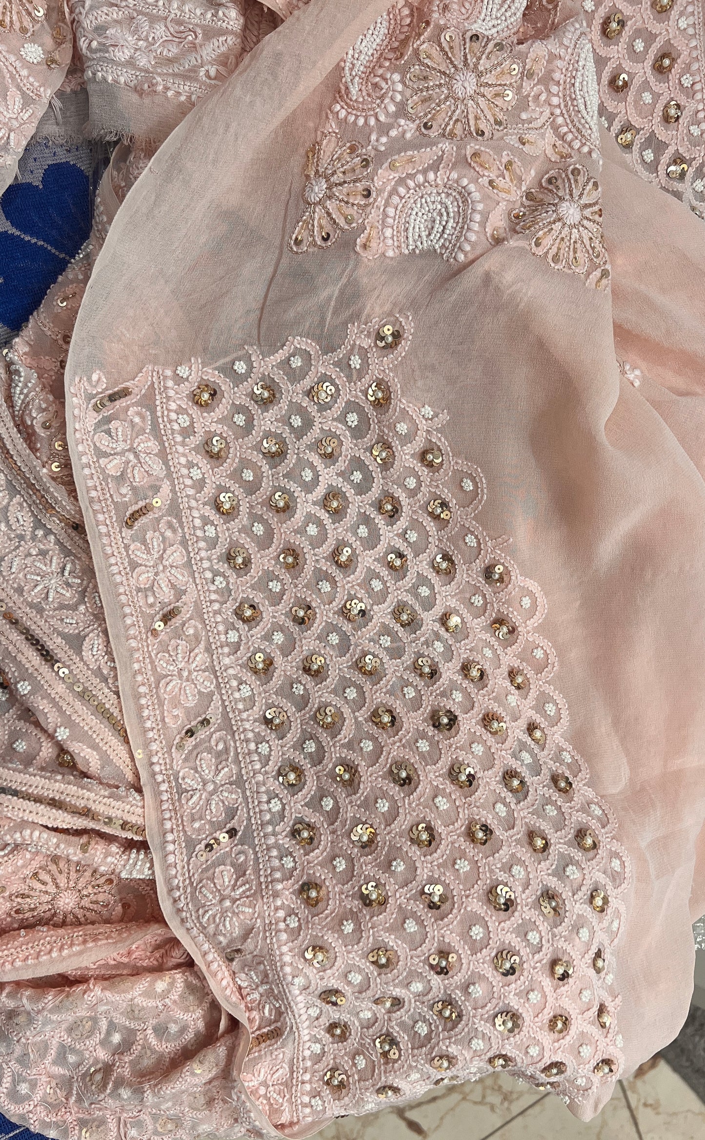 Ruhani Rose Gold Champagne Chikankari pearl and sequins wedding lehenga