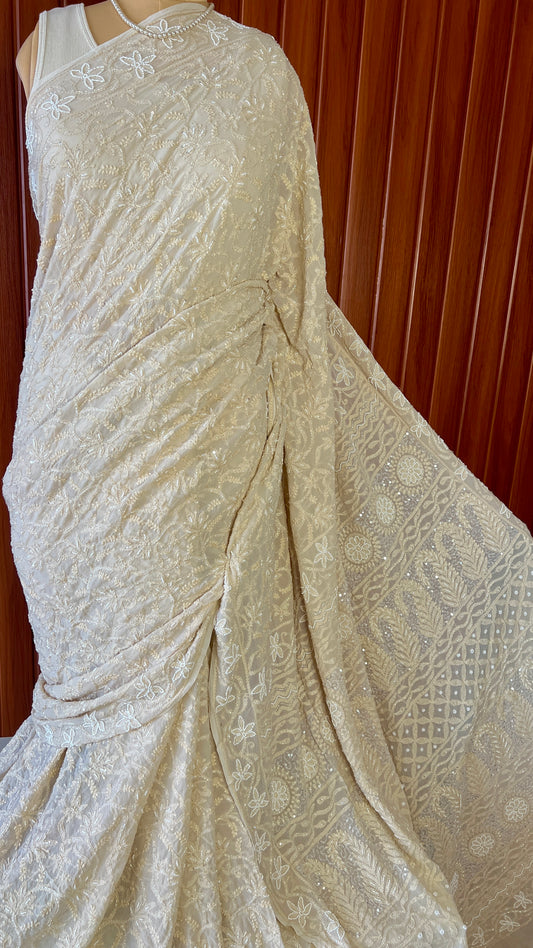 Beige Chikankari Pearl Cut Dana and Sequins Saree