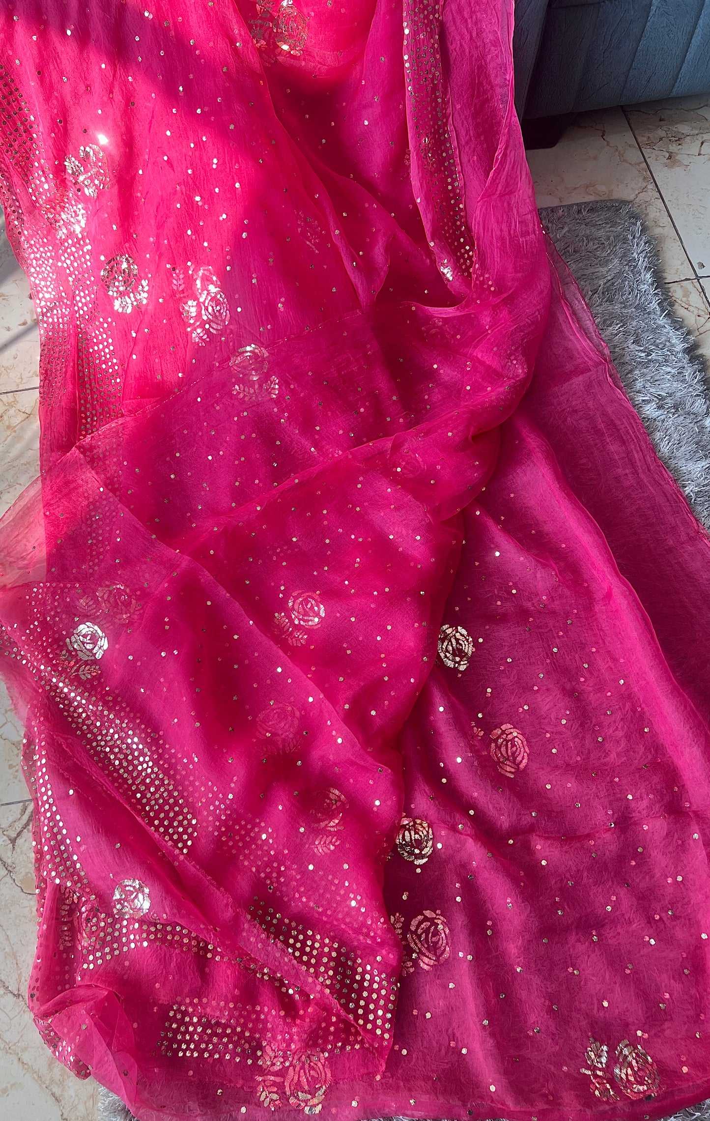 Hot Pink Pure Organza Saree with Badla and Mukaish Work