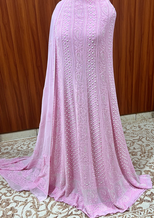 Rose Pink Chikankari Pearl sequins Anarkali with Dupatta