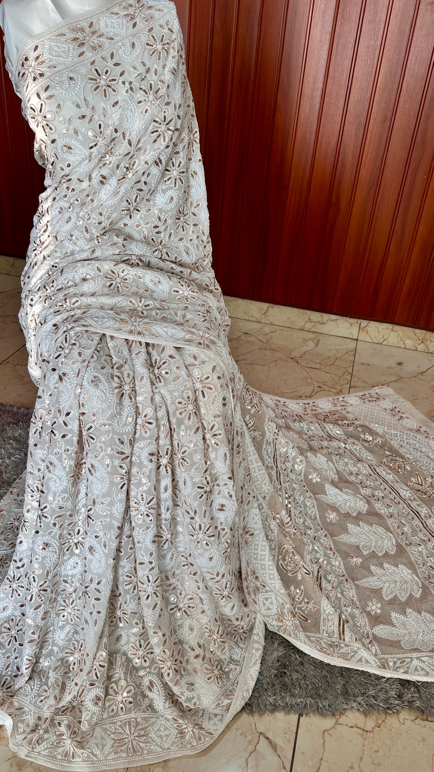 Ruhani Ivory Chikankari Saree with Gota Patti Sequins Pearl and Aari Embroidery