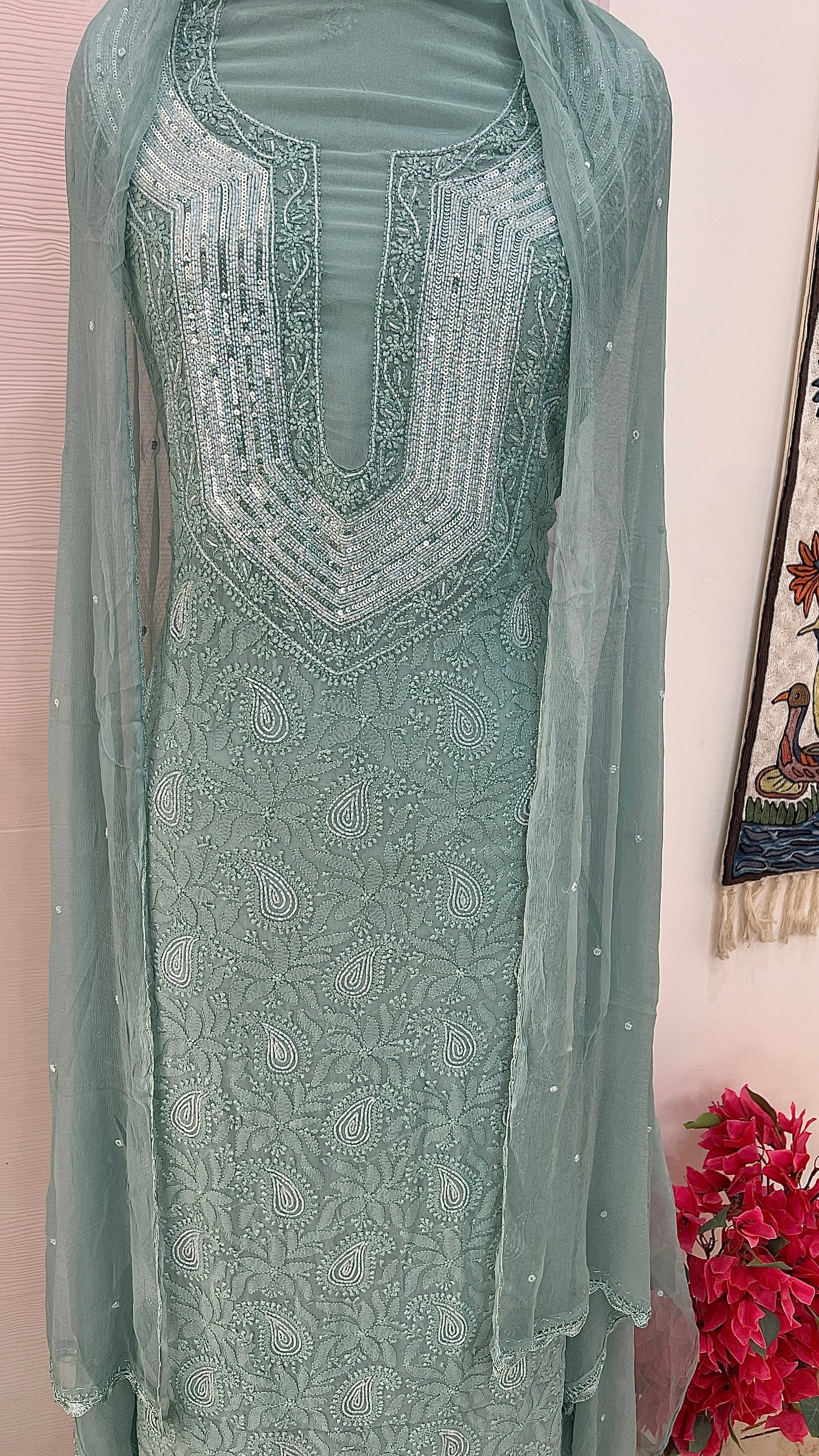 Ocean Blue Chikankari Sequins and Cut Dana Kurta and Dupatta