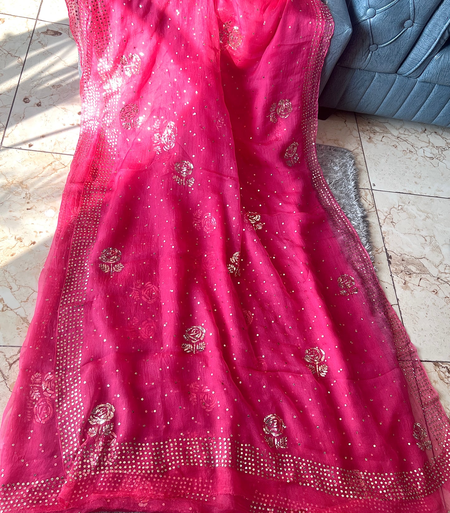 Hot Pink Pure Organza Saree with Badla and Mukaish Work