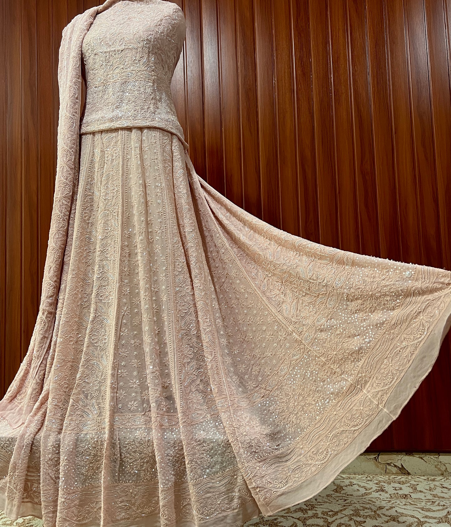 Ruhani Old Rose Chikankari Cut Dana Pearl Sequins Lehenga