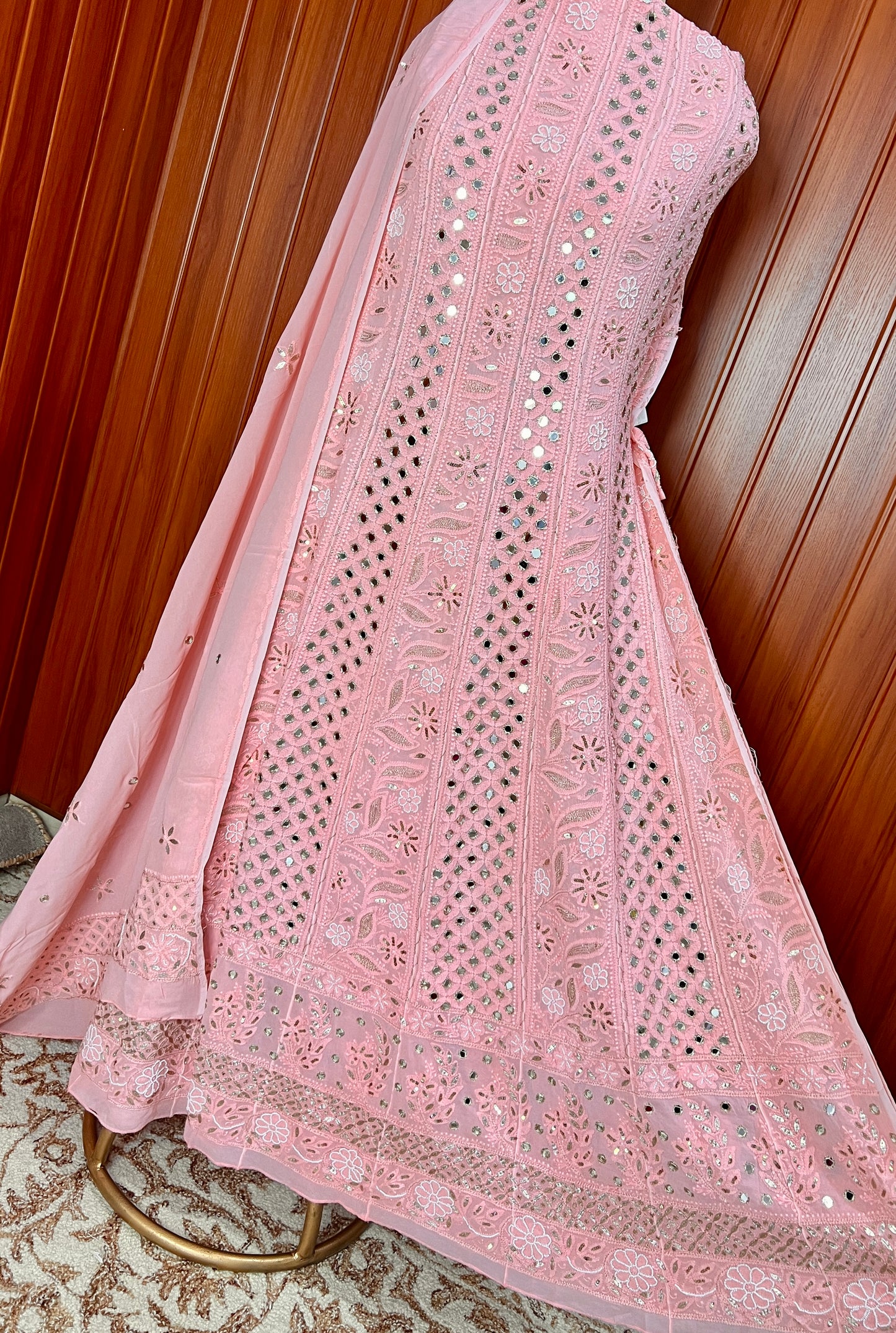 Coral Pink Chikankari Mirror Pearl Sequins Anarkali with Dupatta