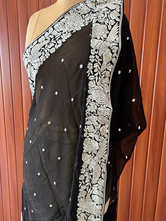 Black and Ivory Pure Georgette Dupatta With Parsi Gara Hand Embroidery