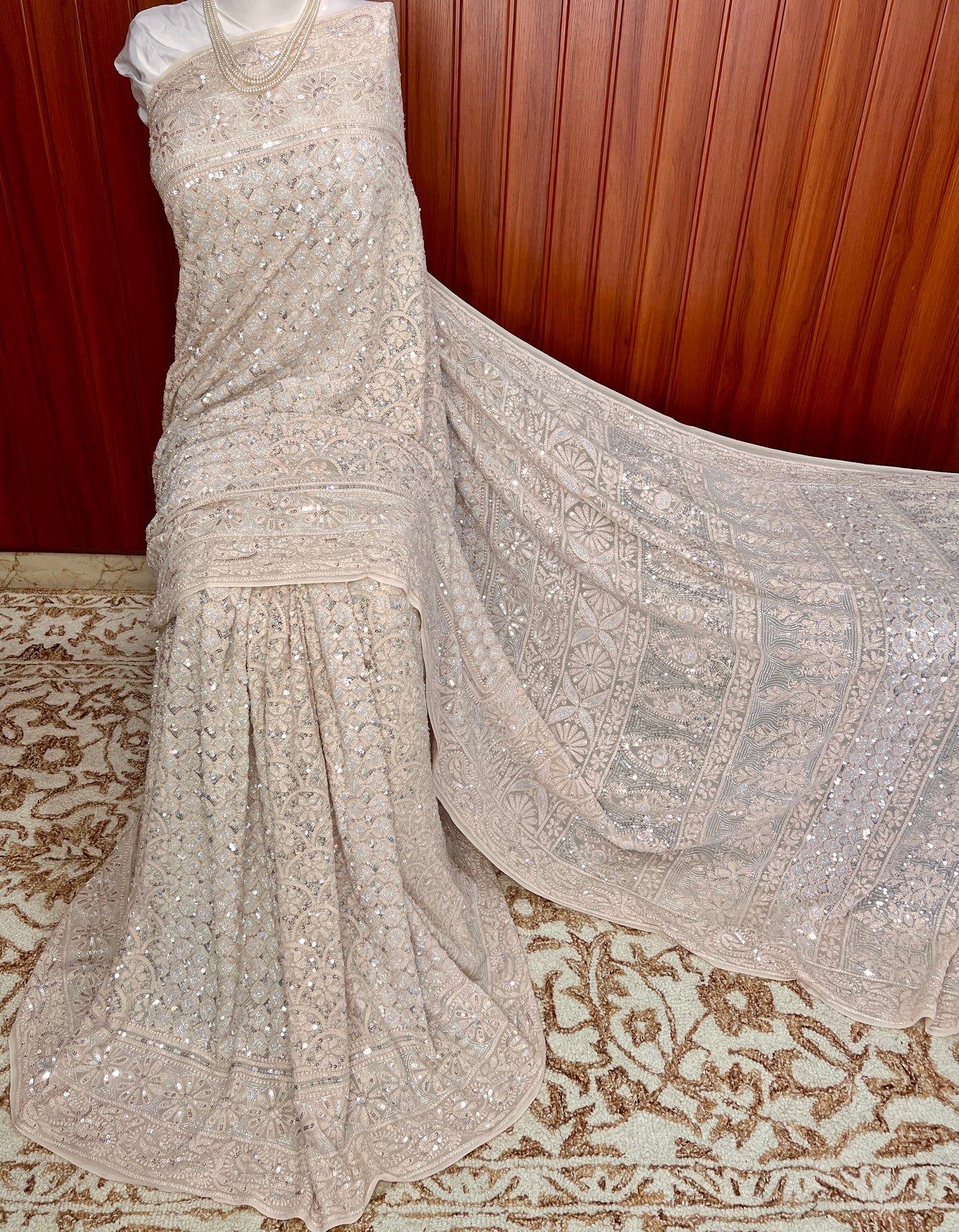 Ruhani Champagne Masterpiece Chikankari Cut Dana and Heavy Sequins Saree