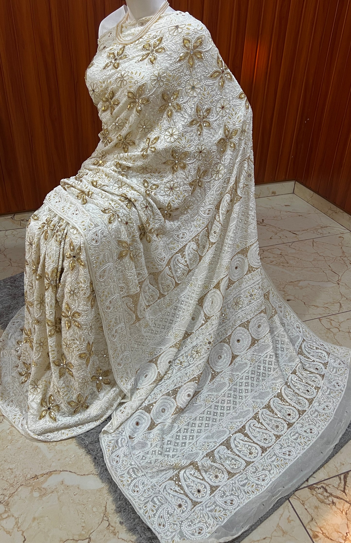 Ruhani Off White Chikankari Sequins Cut Dana and Pearl Embroidered Masterpiece Saree