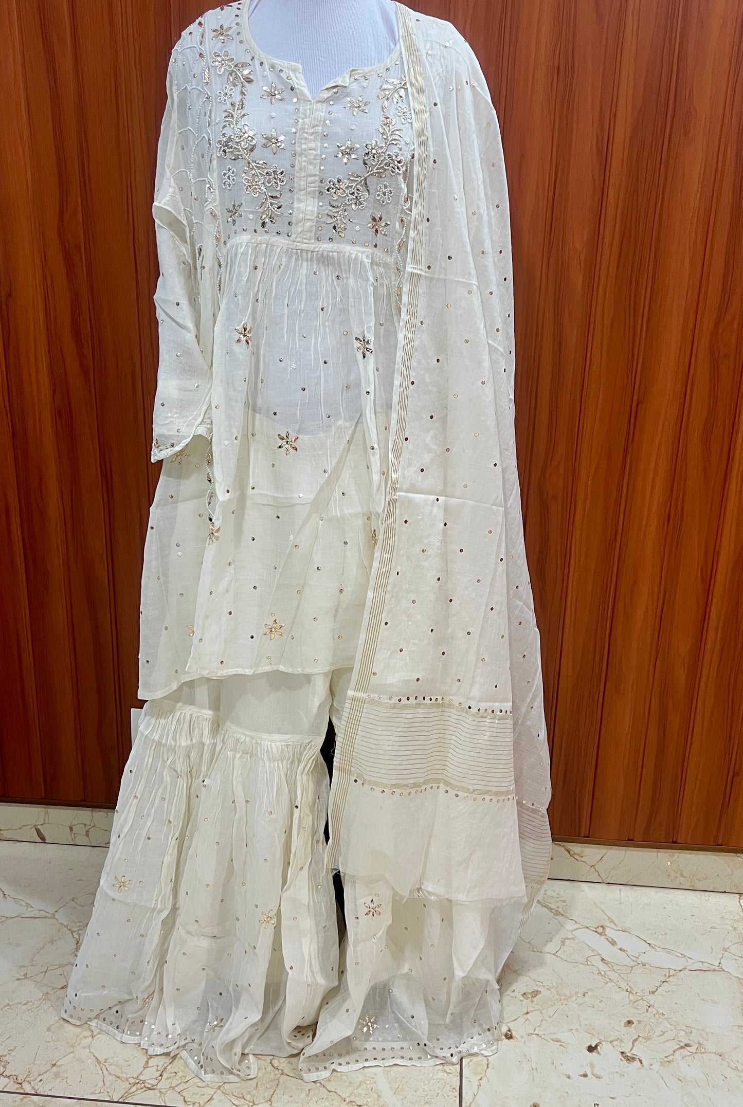 Ivory Badla Mukaish and pearl work Mul Chanderi Sharara Suit