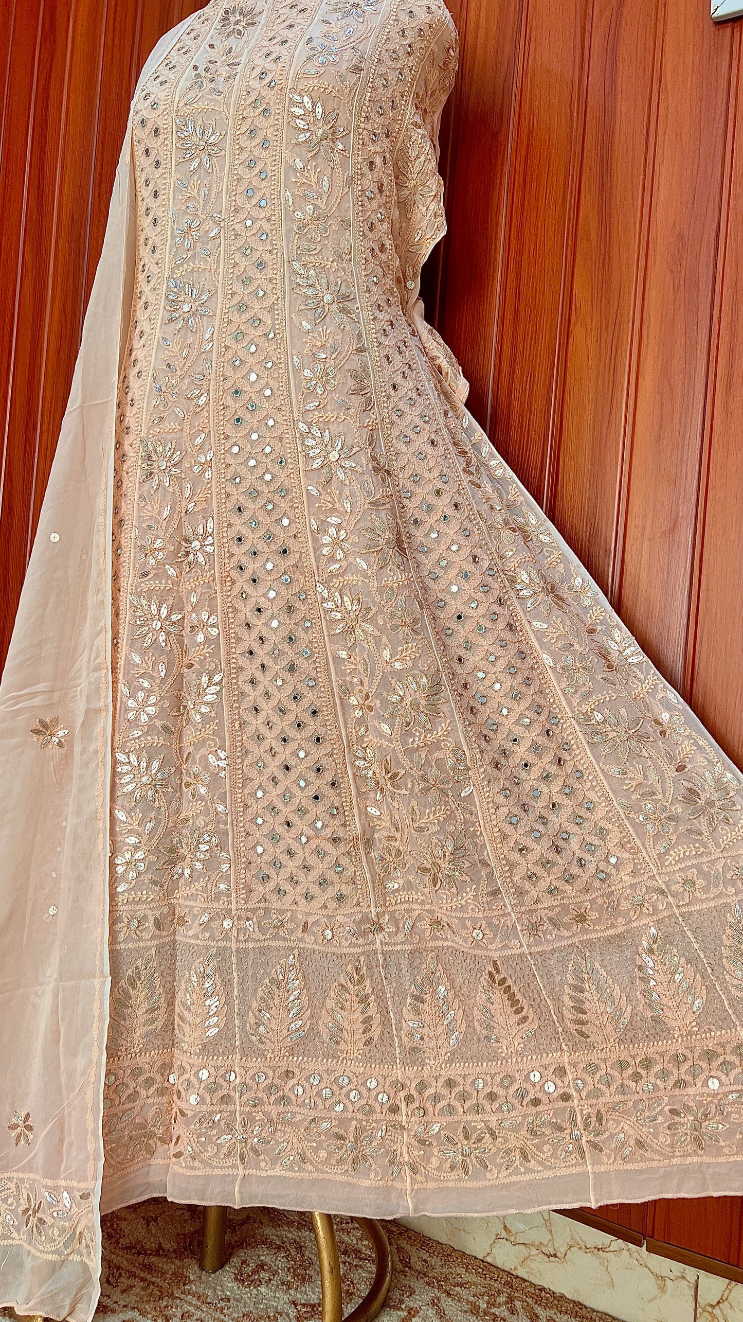 Golden Beige Chikankari Mirror Gota Patti Anarkali with Dupattae