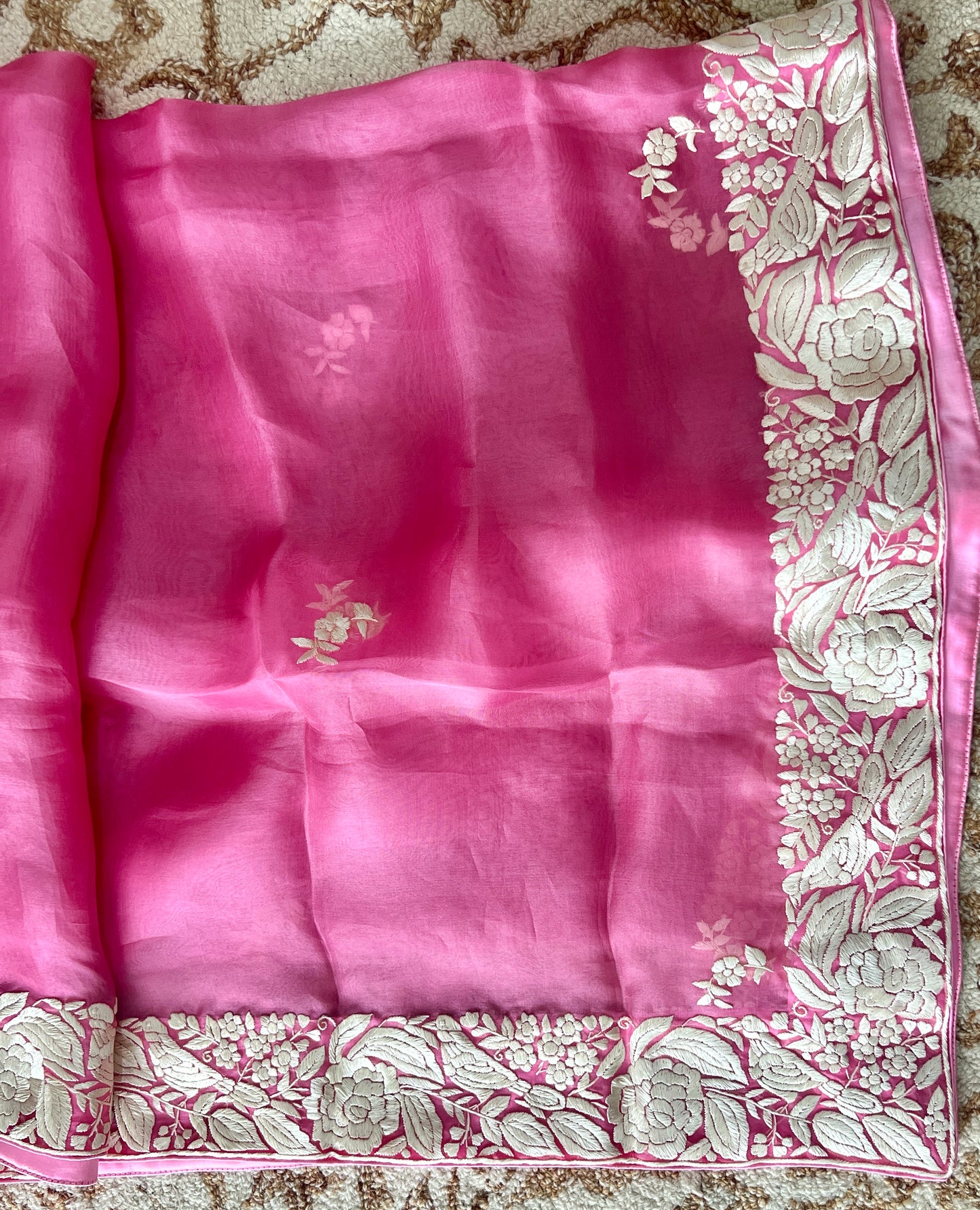 Rose Pink Organza Dupatta with Parsi Gara Hand Embroidery