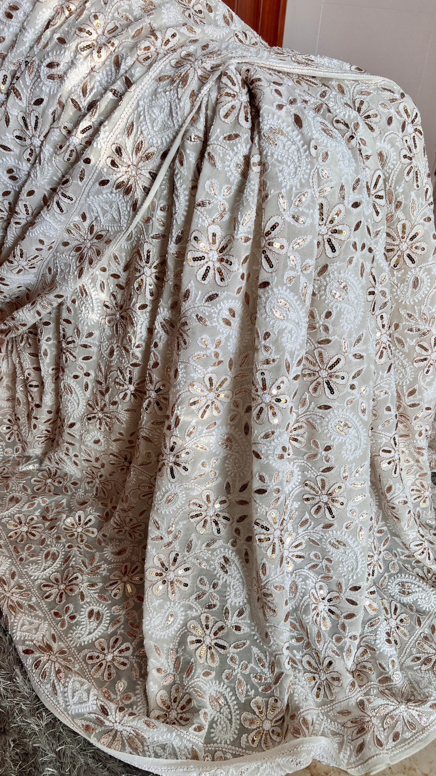 Ruhani Ivory Chikankari Saree with Gota Patti Sequins Pearl and Aari Embroidery