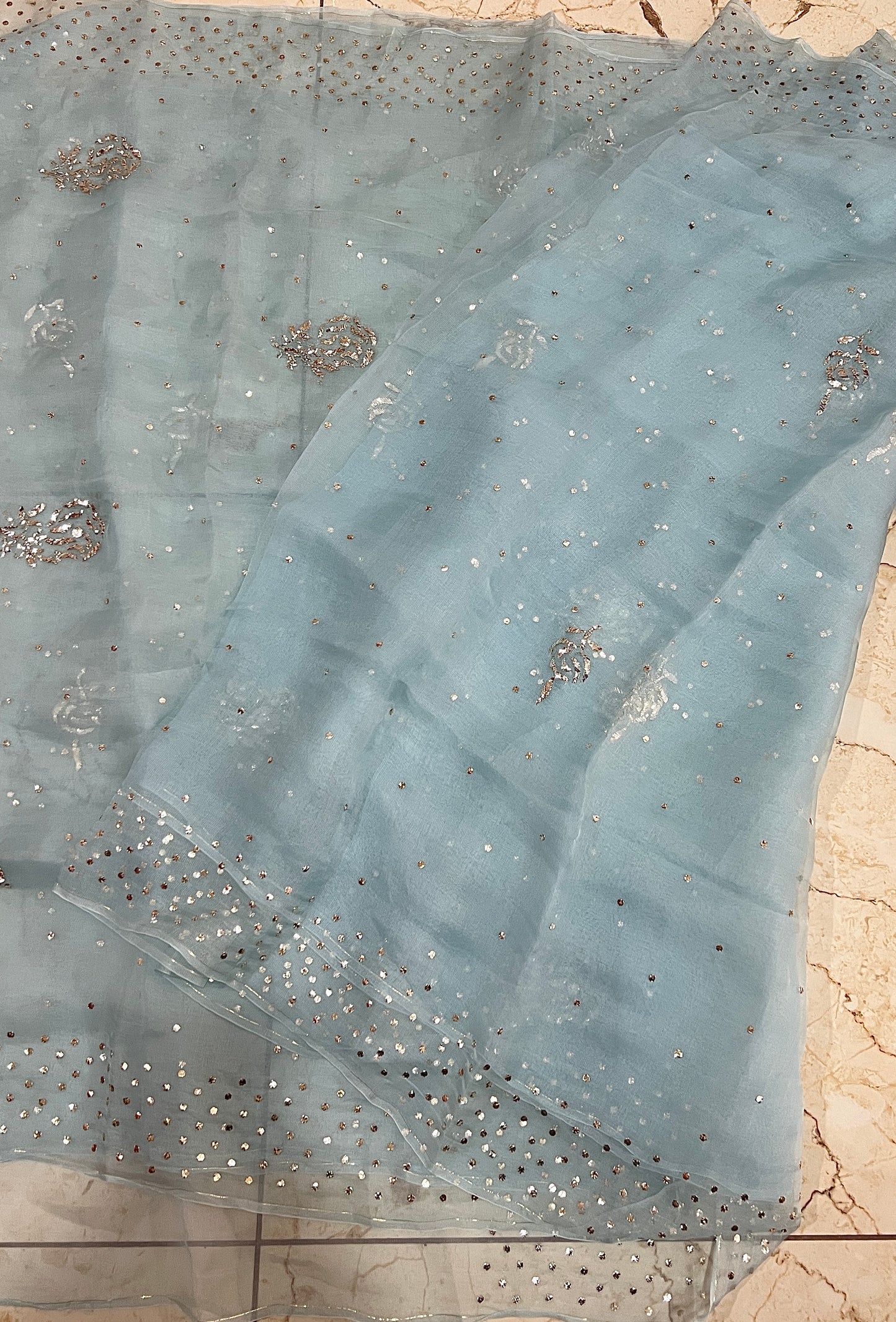 Breezy Blue Pure Organza Saree with Badla and Mukaish Work